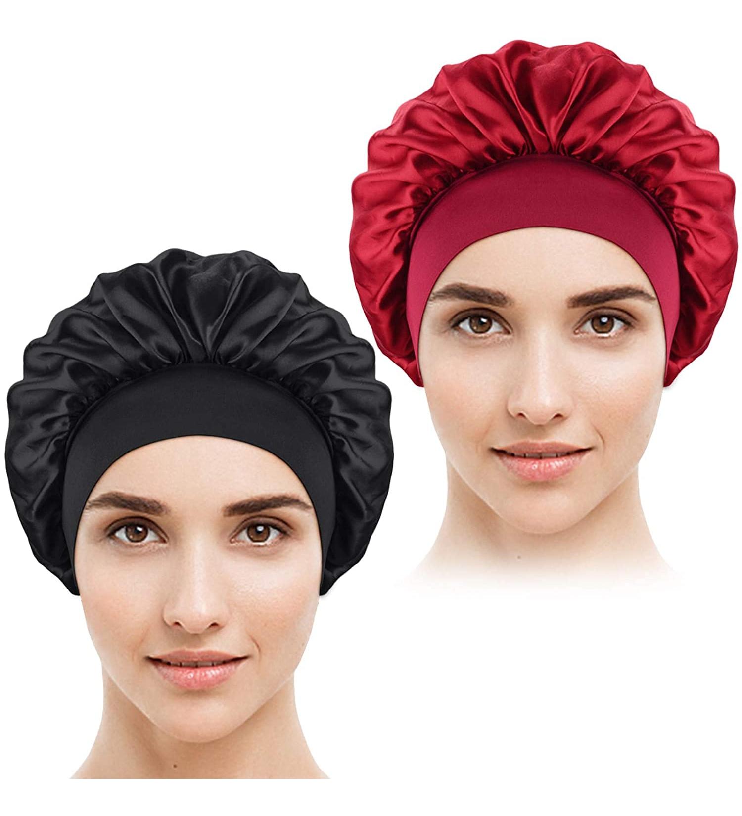 Satin Bonnet Set for Black Women - 2Pcs Silky Hair Sleep Cap for Night, Breathable & Satin Lined - Ideal for Curly Natural Hair - Black+Red - Buy Online on GoSupps.com