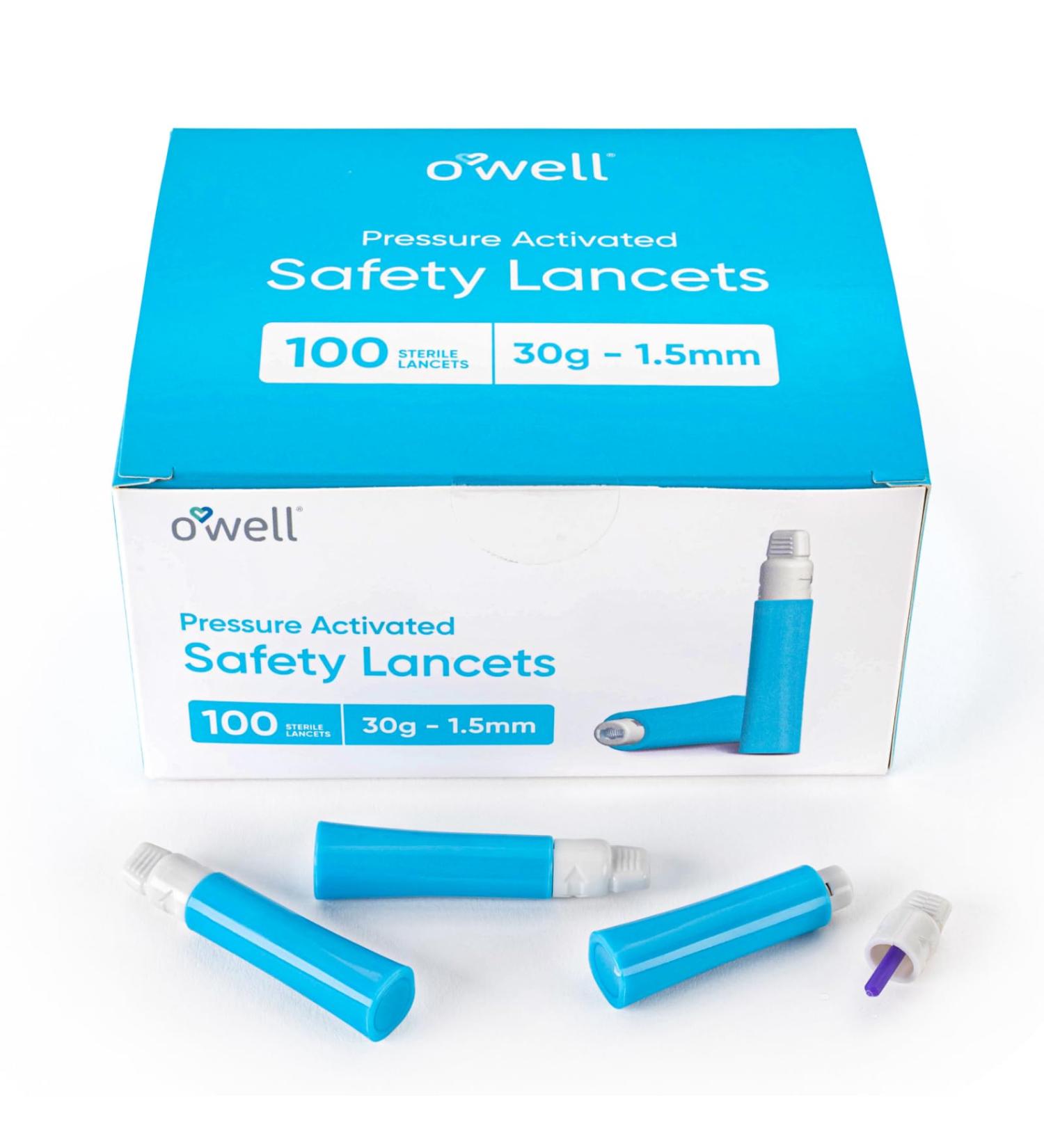 OWELL Pressure Activated Safety Lancets for Diabetes Testing - 100 Count Disposable Lancets with 30g Needles - Preloaded & Sterile - Buy Online on GoSupps.com