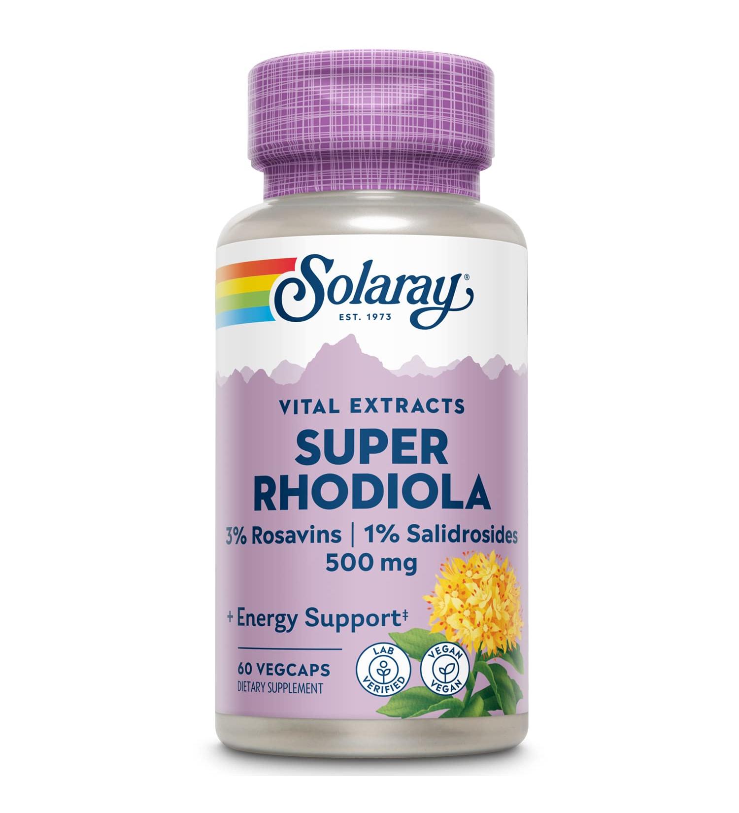 SOLARAY Super Rhodiola Root Extract 500mg - Herbal Adaptogen for Stress & Energy Support - 60 VegCaps - Buy Online on GoSupps.com