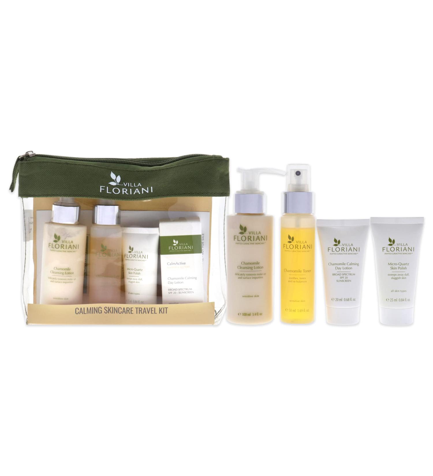 Villa Floriani Calming Skincare Travel Kit for Women - Chamomile Cleansing Lotion Toner & Day Lotion SPF 20 | 6 Pc Set for Healthy Skin - Buy Online on GoSupps.com