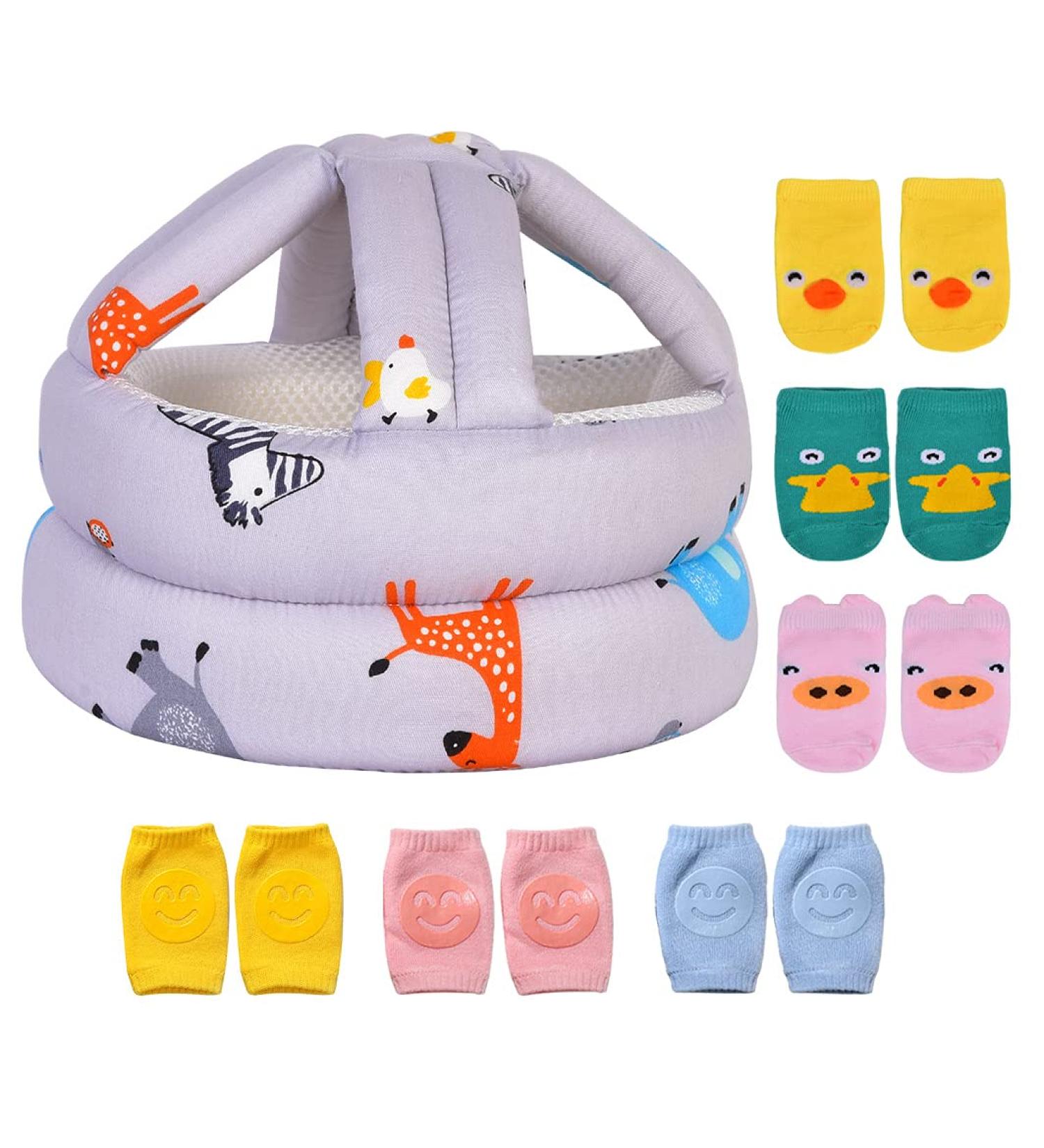 Umtiti Baby Adjustable Helmet Lightweight and Soft with 3 Pairs Baby Knee Pads for Crawling & 3 Pairs Baby Socks Great for Baby Learning to Walk and Crawl. Zoo Gray+6 Zoo Grey - Buy Online on GoSupps.com