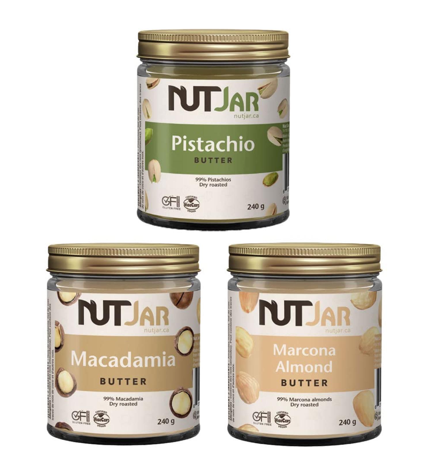 NutJar Premium Nut Butters 3 x 240 g Variety Pack Pistachio Butter Macadamia Butter Marcona Almond Butter No Added Sugars No Artificial Colours or Preservatives Vegan Gluten Free Keto Friendly Made in Canada - Buy Online on GoSupps.com