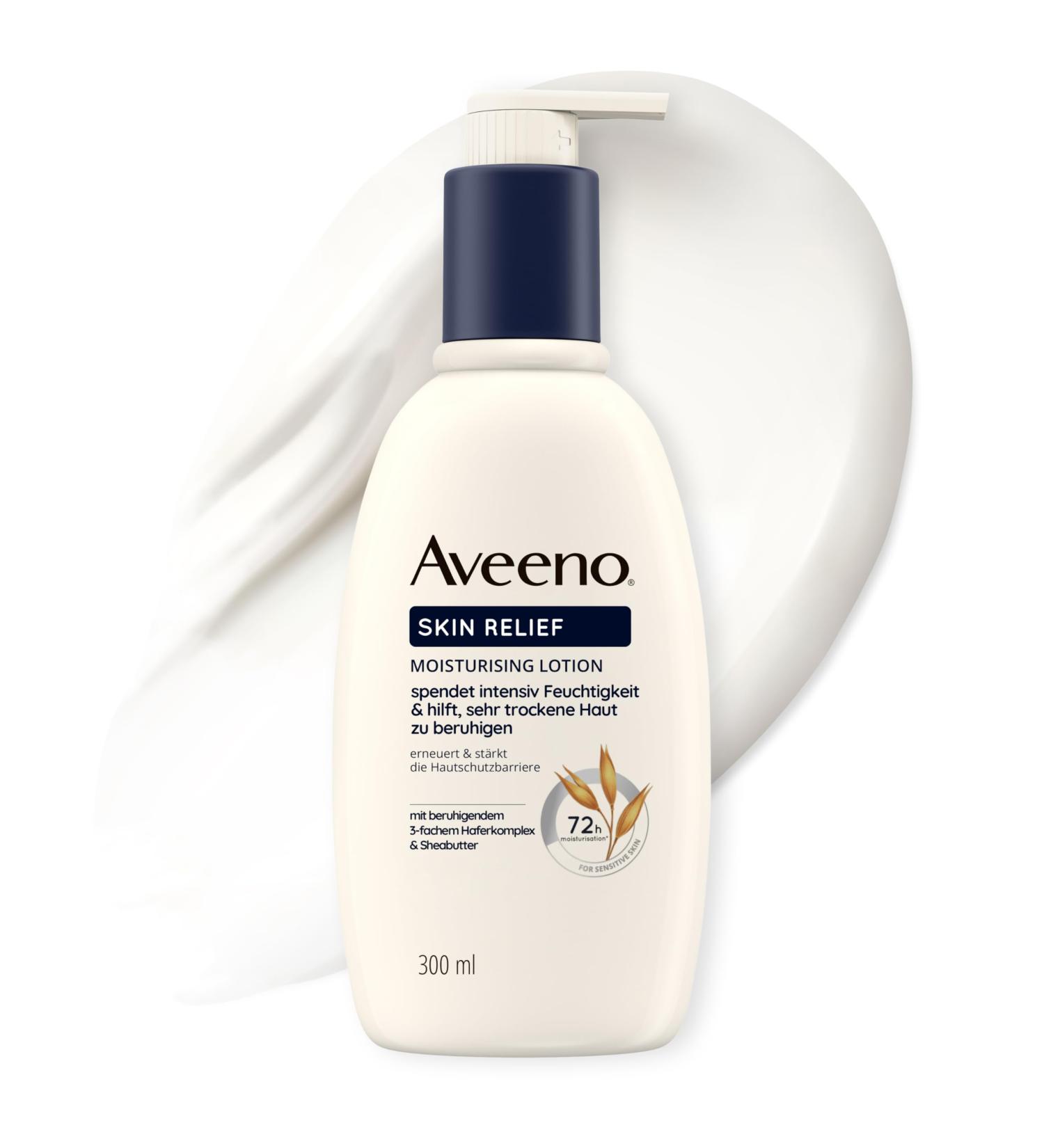 Kenvue Germany Aveeno Skin Relief Body Lotion perfumefree moisturizes 72 hours soothes very dry skin strengthens the skin protection barrier and supports natural ceramide production 300 ml 1er Pack 3fold oat complex