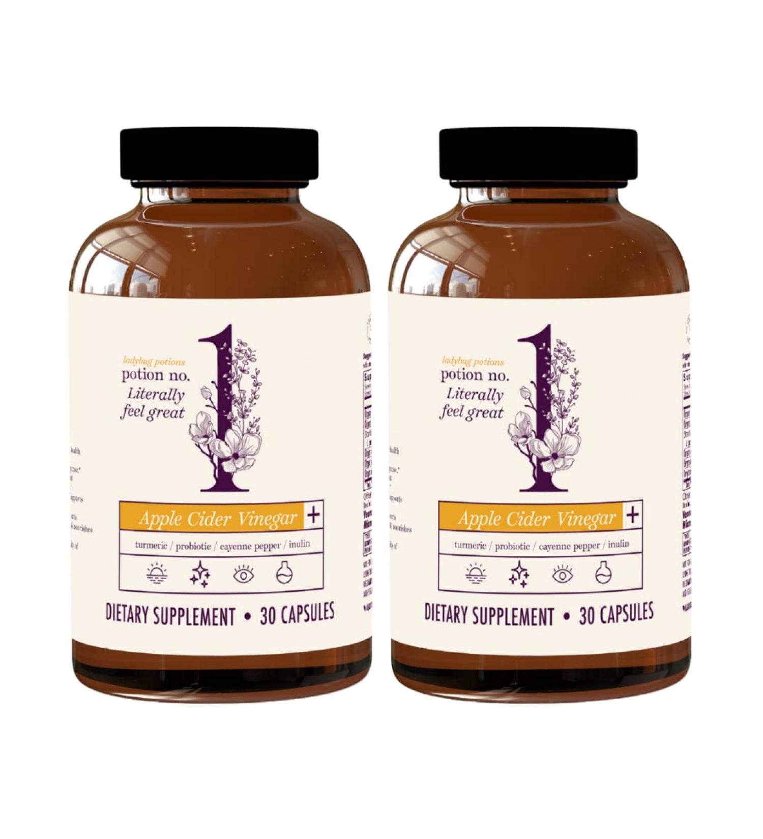 Ladybug Potions Gut Health for Women and Men 30 Capsules - Organic Apple Cider Vinegar Probiotics Turmeric Curcumin Black Pepper Inulin and Cayenne Pepper - Digestive Health