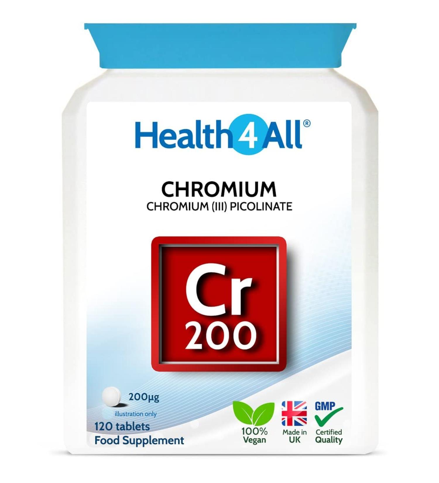 Chromium Picolinate 200mcg 120 Tablets for Normal Blood Sugar Levels | Vegan Formula by Health4All - 120 Count - Buy Online on GoSupps.com