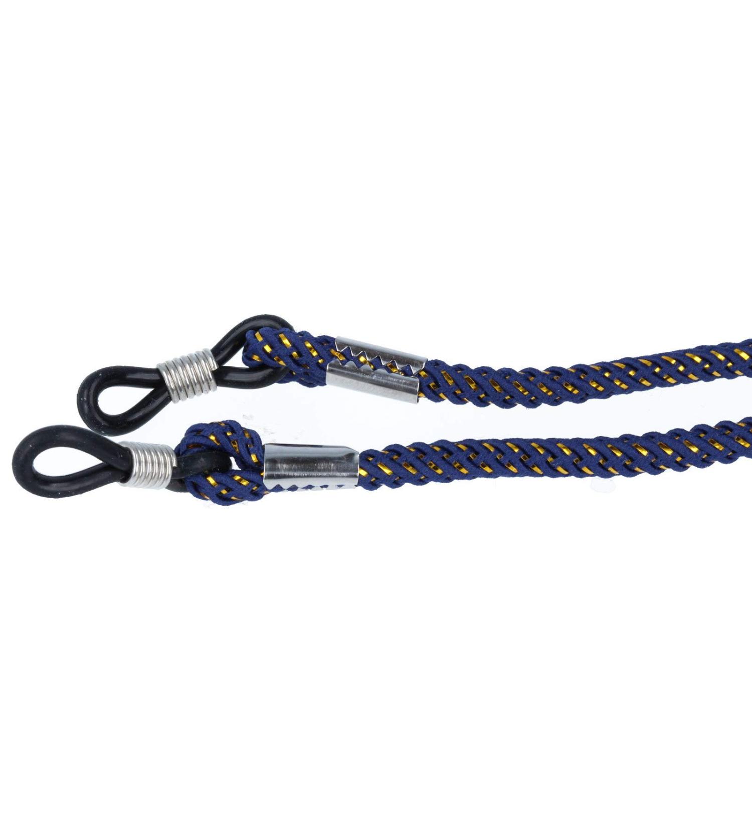 Flexible elegant glasses cord made of textile with glitter | Fastened with a rubber loop with a stopper in dark blue