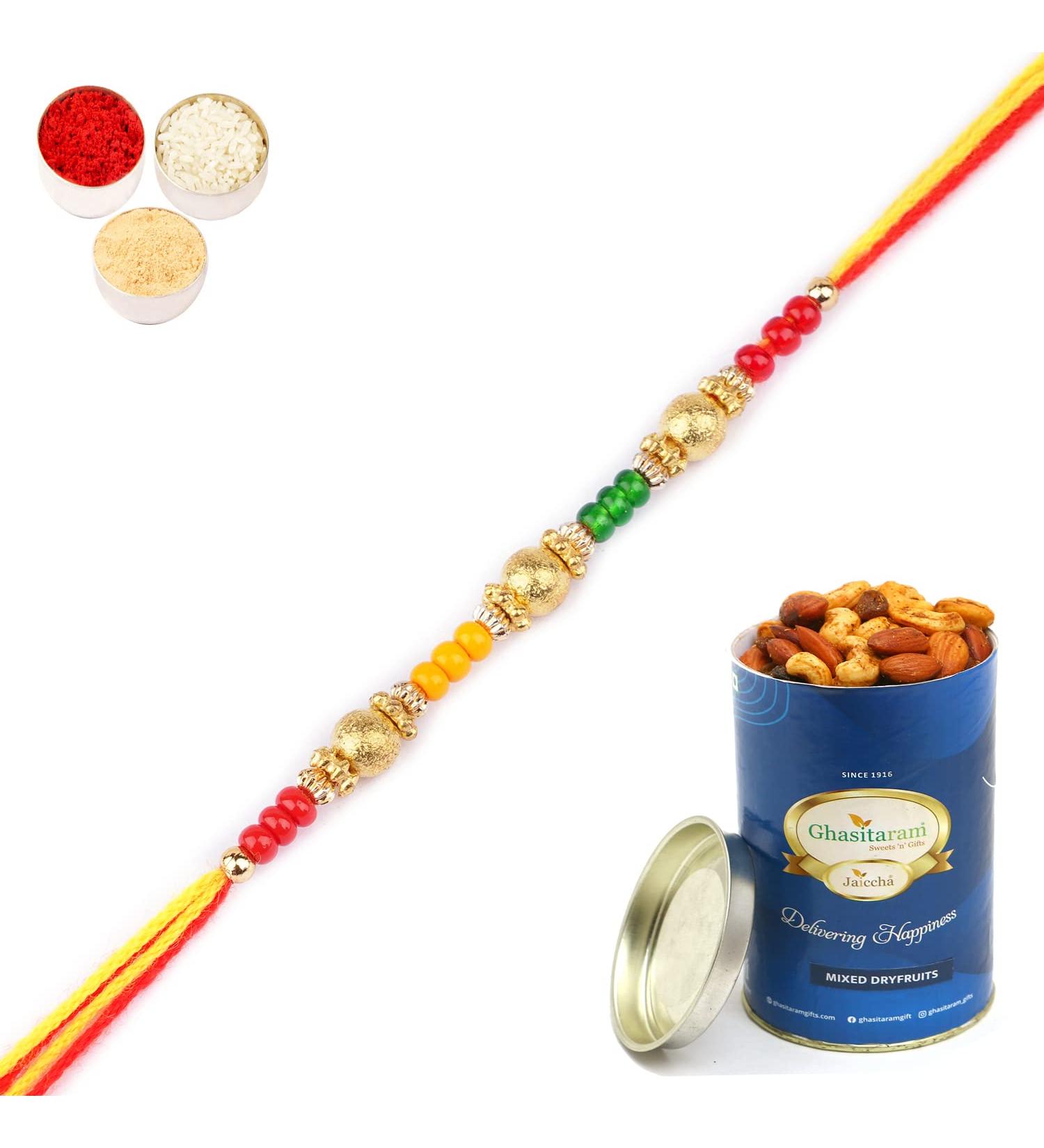 Ghasitaram Gifts Rakhis Online for Brother- R-2109 Rakhi Thread with 100 GMS of Dryfruits Mix Can Rakhi Set with 100 gms of Dryfruits Mix Can - Buy Online on GoSupps.com