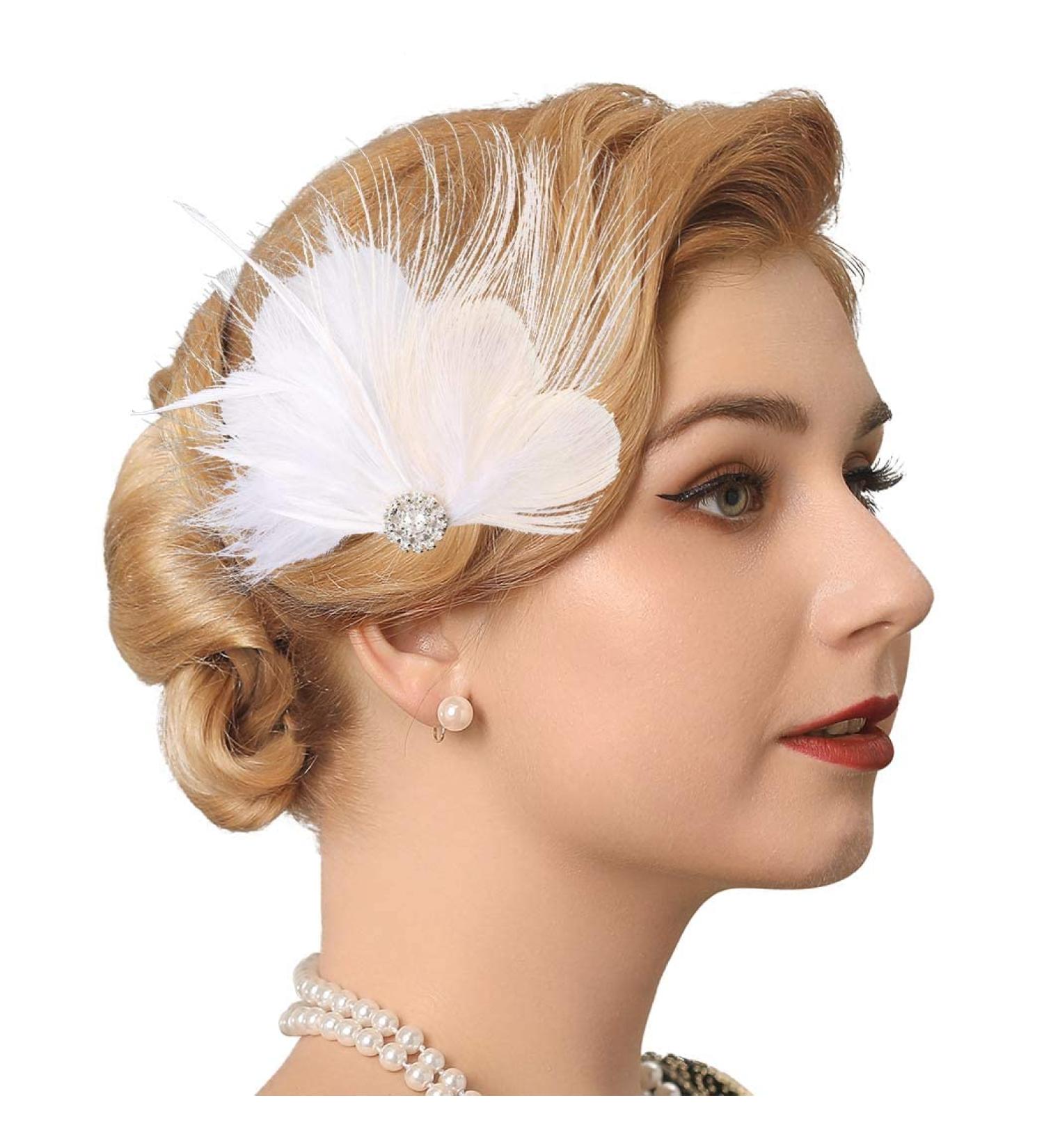 GENBREE White Feather Hair Clip - 1920s Flapper Headpiece with Crystal Gatsby Detail - Prom Party Headband for Women - Buy Online on GoSupps.com