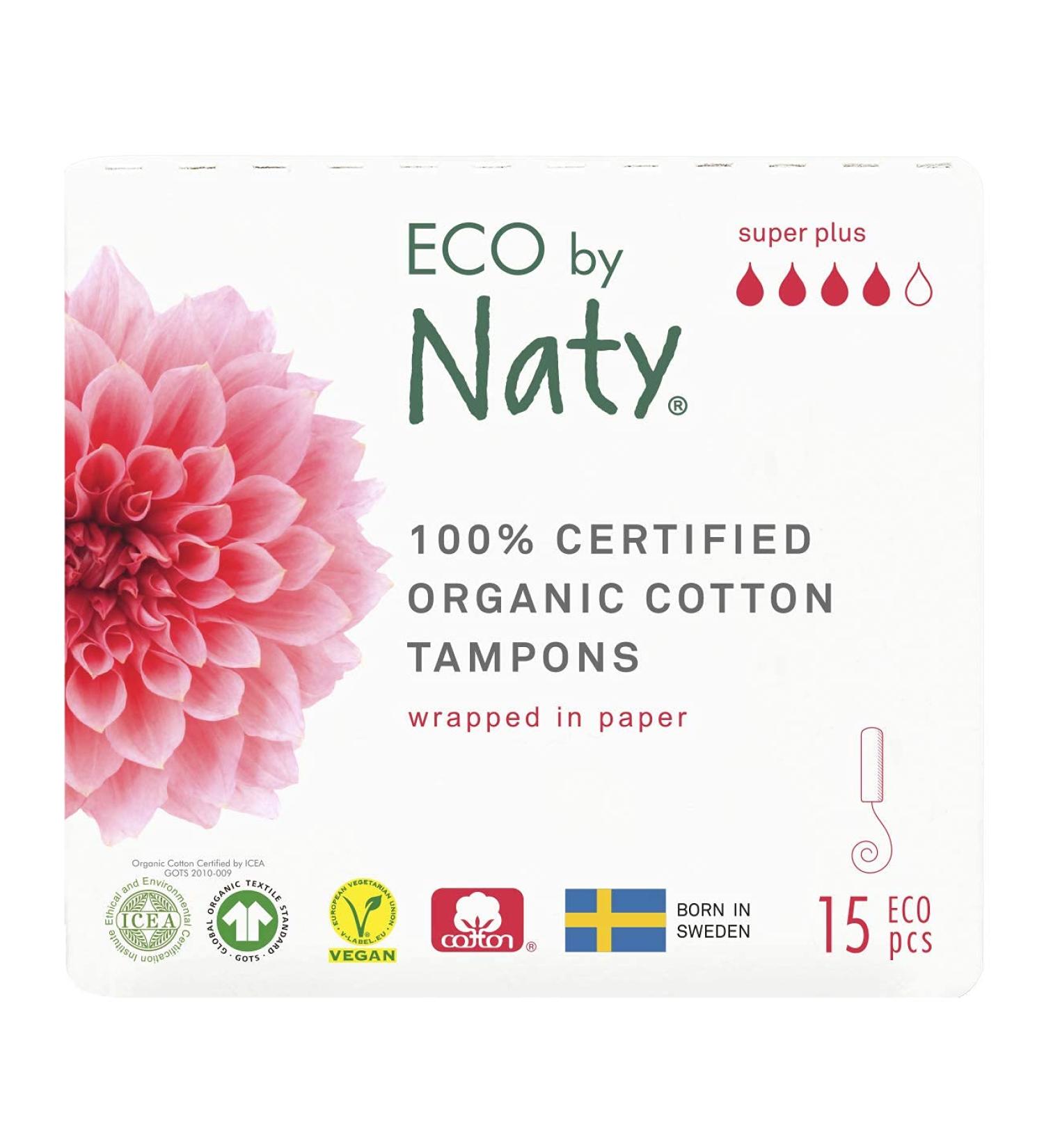 Eco by Naty Tampons - Super Plus 15 tampons. Plant-based vegan 100% organic cotton 5x15 pieces