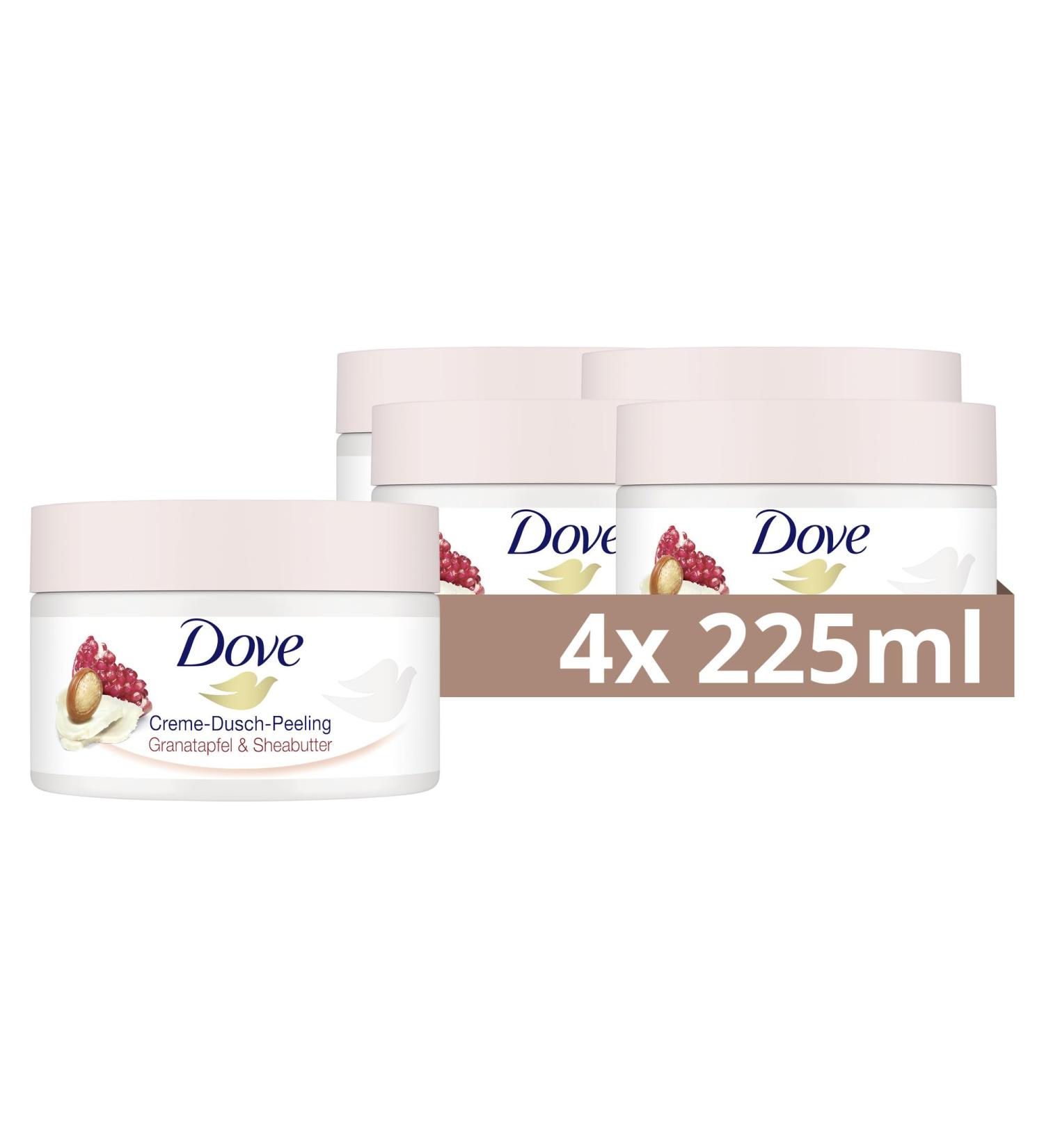 Dove Cream Shower Peeling Pomegranate & Shea Butter Scrub - Exfoliating Body Peeling for Smooth Skin with Jojoba Beads - 4x 225ml Body Cream & Lotion - Buy Online on GoSupps.com