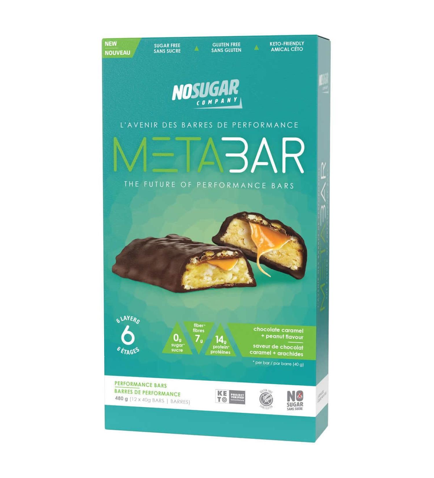 No Sugar MetaBar Keto friendly Gluten free Chocolate Caramel & Peanut Flavour Performance Bars 12 40 g Perfect for gym enthusiast camping keto and/or No sugur journey. Healthy Snack. - Buy Online on GoSupps.com