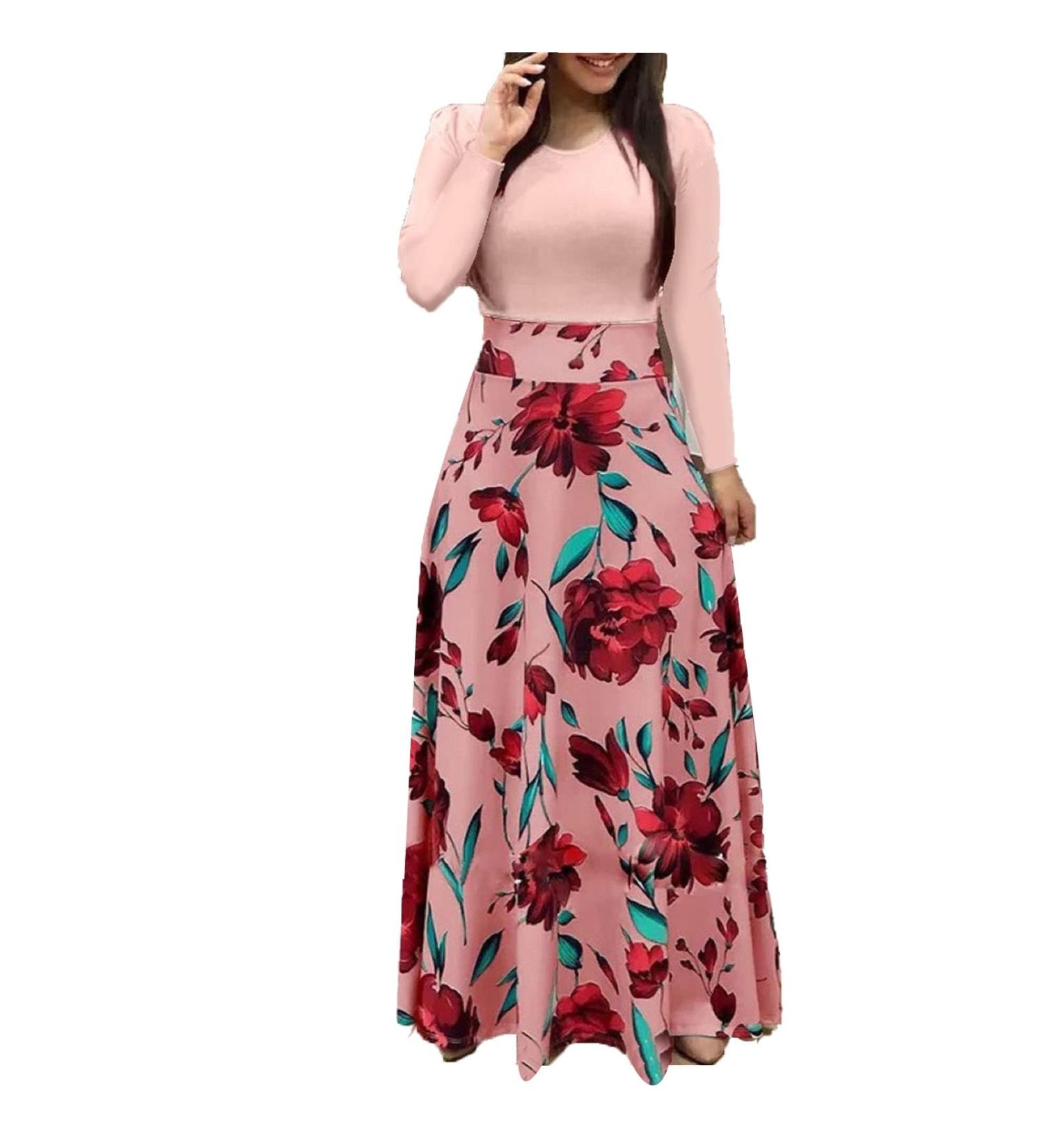Women's Elegant Round Collar Dress Maxi Dress Swing Party Dress Cocktail Dress Floral Print Long Sleeve Tunic Dress Long Dress S Pink 1