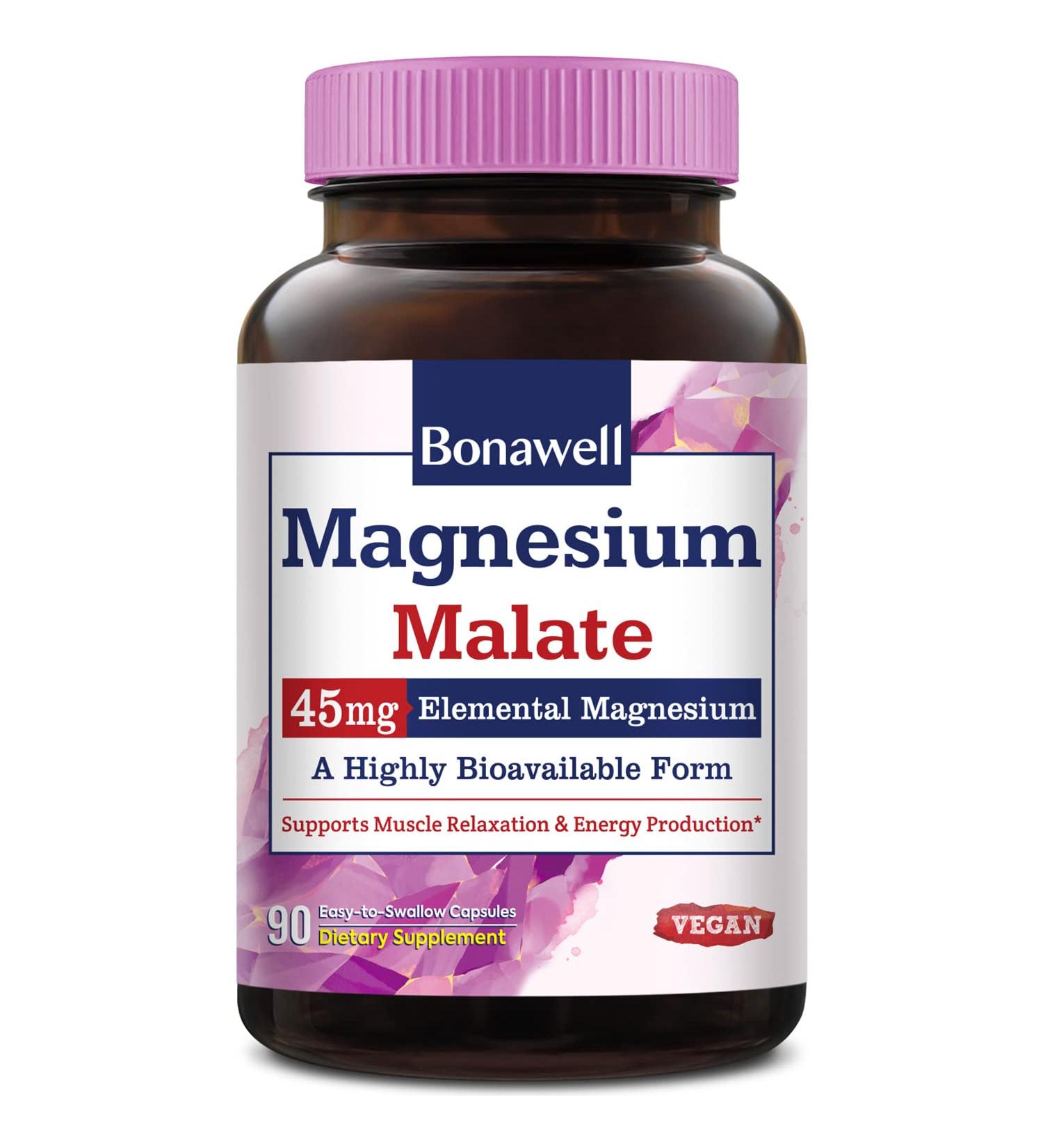 Bonawell High Absorption Magnesium Malate Capsules for Muscle Relaxation & Energy Production - 90 Ct Vegan & Non-GMO Formula - Buy Online on GoSupps.com