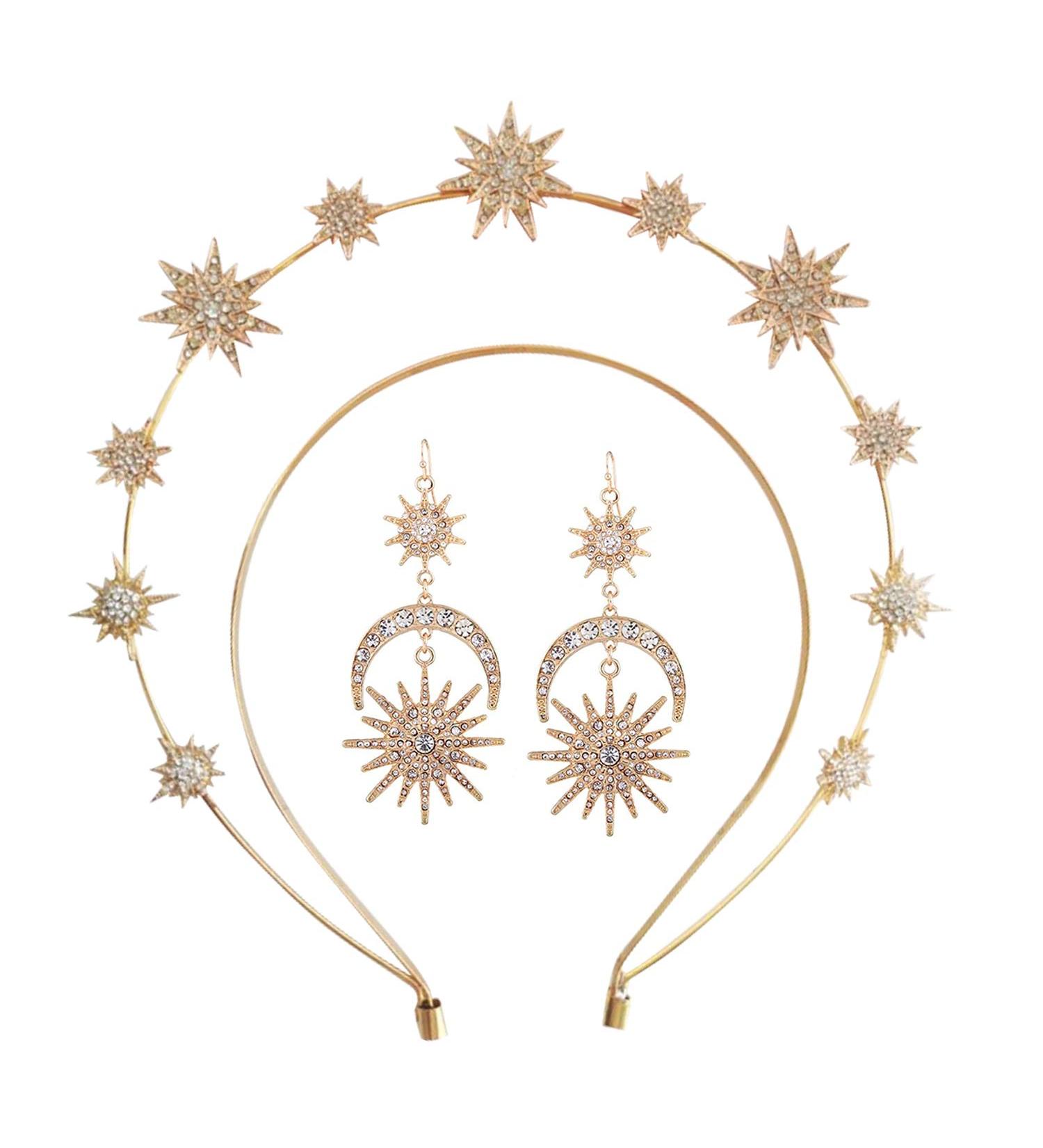 Halo Crown Stars Goddess Crown Headband Tiara for Women - Gold Bridal Wedding Headpiece with Earrings - Buy Online on GoSupps.com