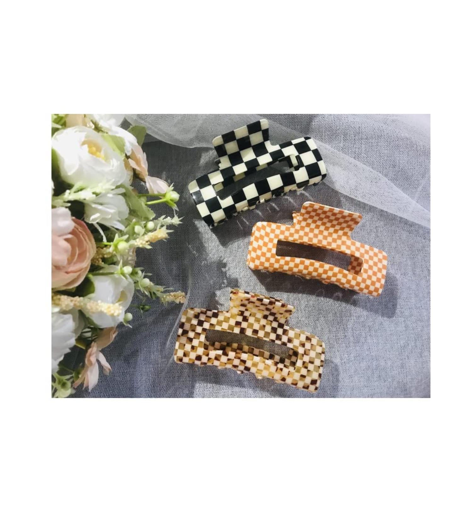 Checkered Hair Claw Clips for Women Girls Fashion Hair Clips for Styling Claw Clamps Thick Hair Retro Rectangle Shape YOEMAYUNER (3PCs 3Colors A Large Size/3.94inch) - Buy Online on GoSupps.com