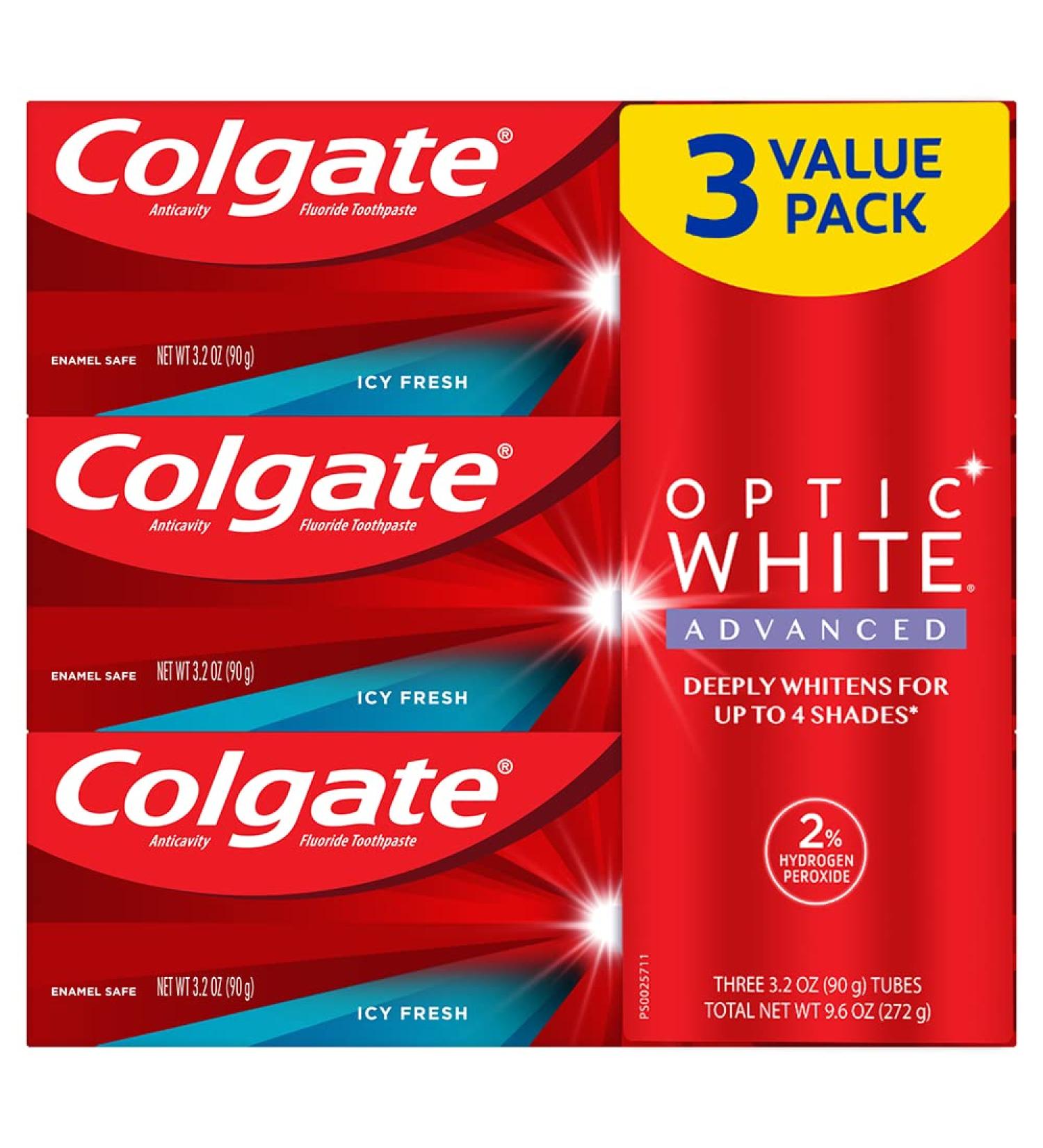 Colgate Optic White Advanced Toothpaste - 2% Hydrogen Peroxide  Icy Fresh  3-Pack | Teeth Whitening Formula - Buy Online on GoSupps.com