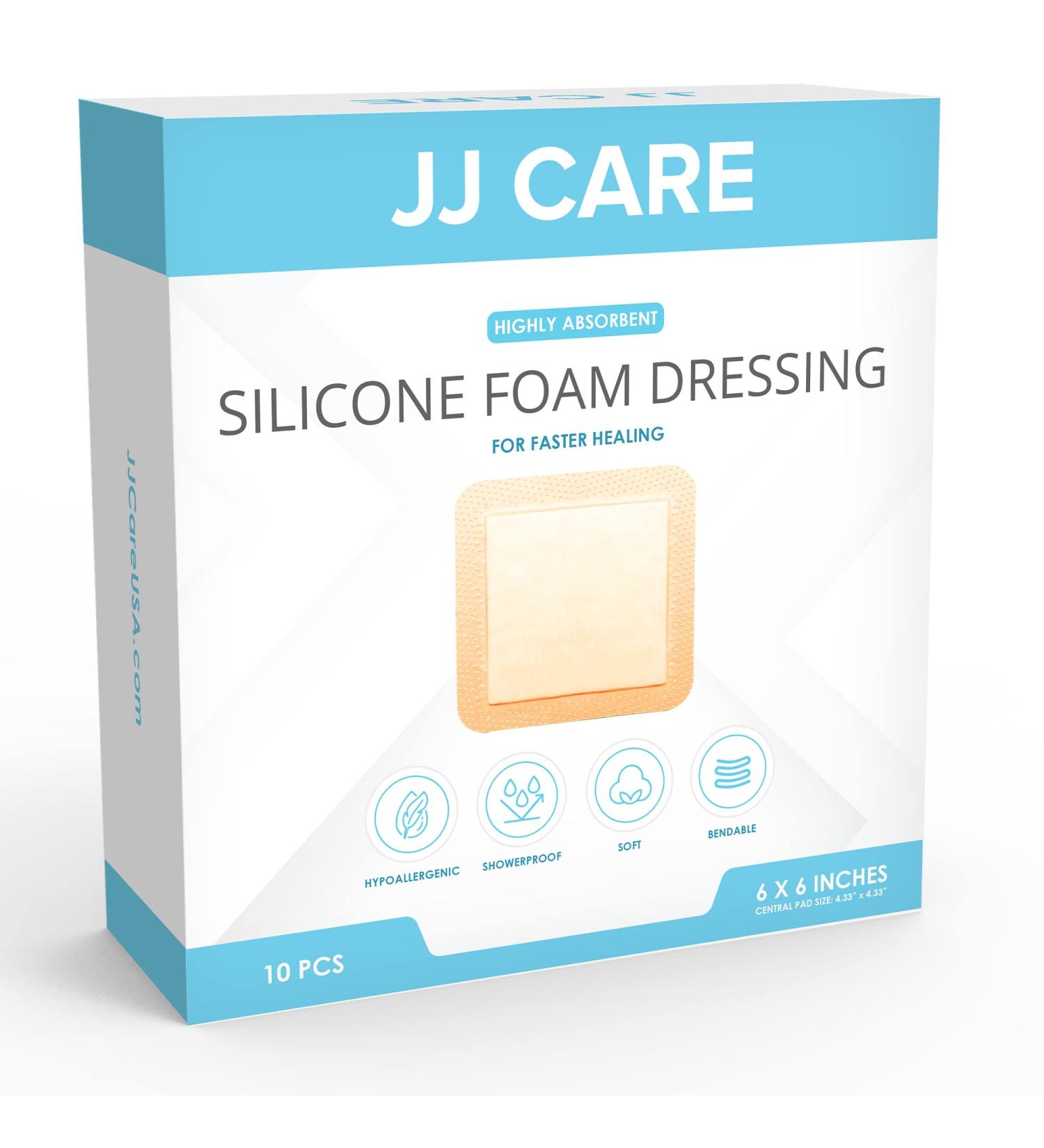 JJ CARE Silicone Foam Dressing [Pack of 10] - 6x6 Sacrum Silicone Foam Dressing - Absorbent Bandages - Showerproof Adhesive - Buy Online on GoSupps.com