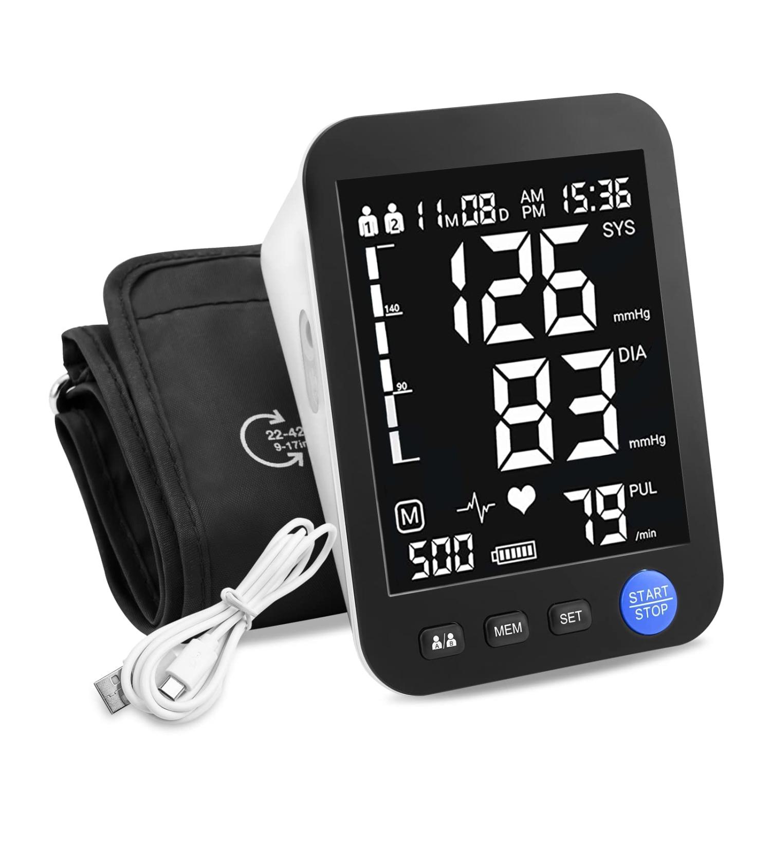 Automatic Blood Pressure Monitor with Extra Large Screen and Adjustable Digital Cuff Arm Kit - 2 Users, 999 Sets Memory - LED Backlit Display - Includes Charging Cord (Black) - Buy Online on GoSupps.com