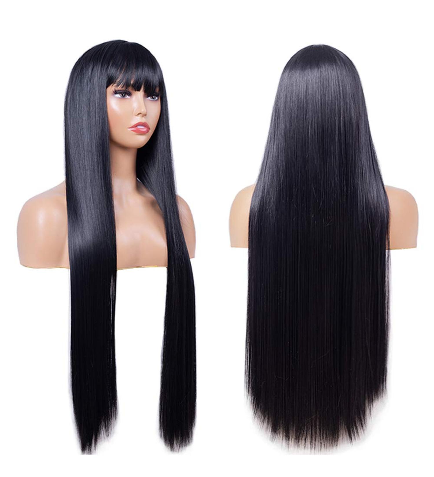 Sylhair Long Black Wig with Ponytail - 80 cm Straight Wig with Bangs for Women | Smooth Fringes | Quality Hairpiece (1 Pack) - Buy Online on GoSupps.com