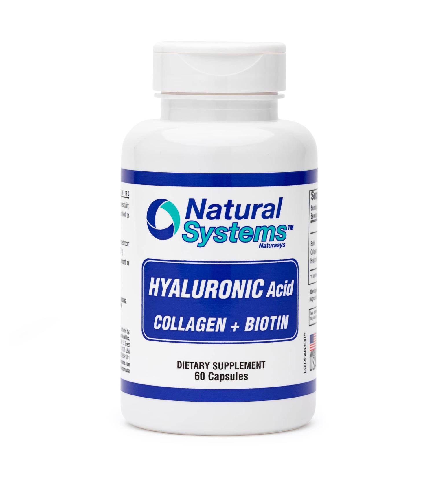 Hyaluronic Acid Plus Collagen and Biotin 60 Capsules by Natural Systems - Acido Hialuronico Capsules for Enhanced Absorption - Hydraulic Hyaluronic Acid Supplement for Skin - Strong Skin Hair Nails - Buy Online on GoSupps.com