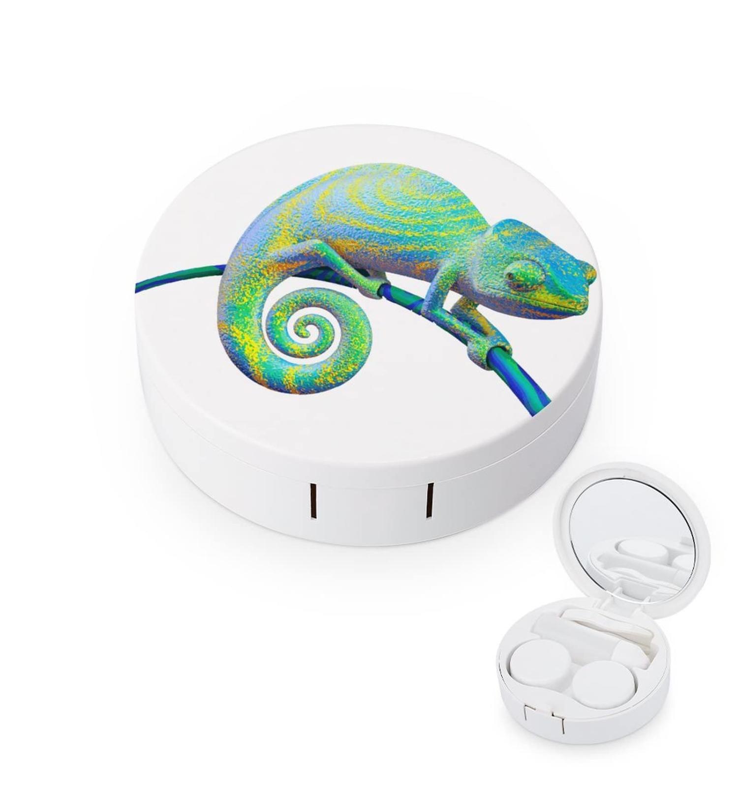 Bright Green Chameleon Round Case For Contact Lens Kit Storage Box with Mirror Printed - Buy Online on GoSupps.com