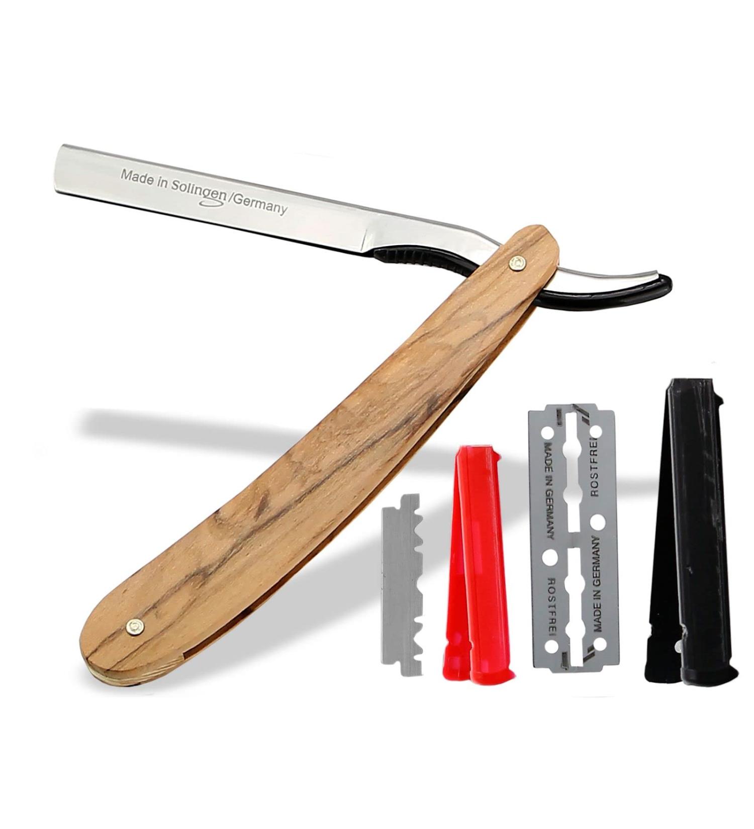 Solingen Bartometer Razor Set - Premium Men's Shaving Knife with Replaceable Blades - Olive Wood Professional Beard Care - Buy Online on GoSupps.com