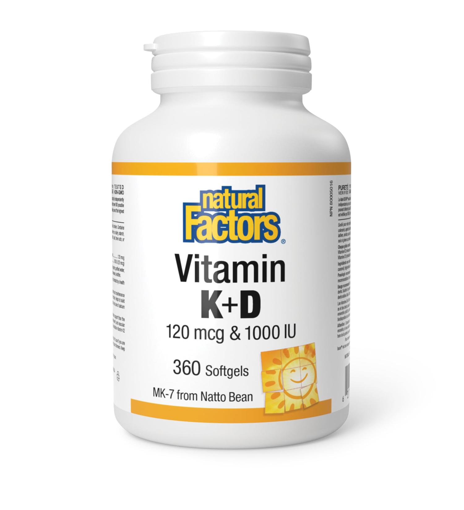 Natural Factors Vitamin K2+D3 120mcg & 1000iu 360 softgels MK-7 From Natto Bean Help build and maintain bone health. - Buy Online on GoSupps.com