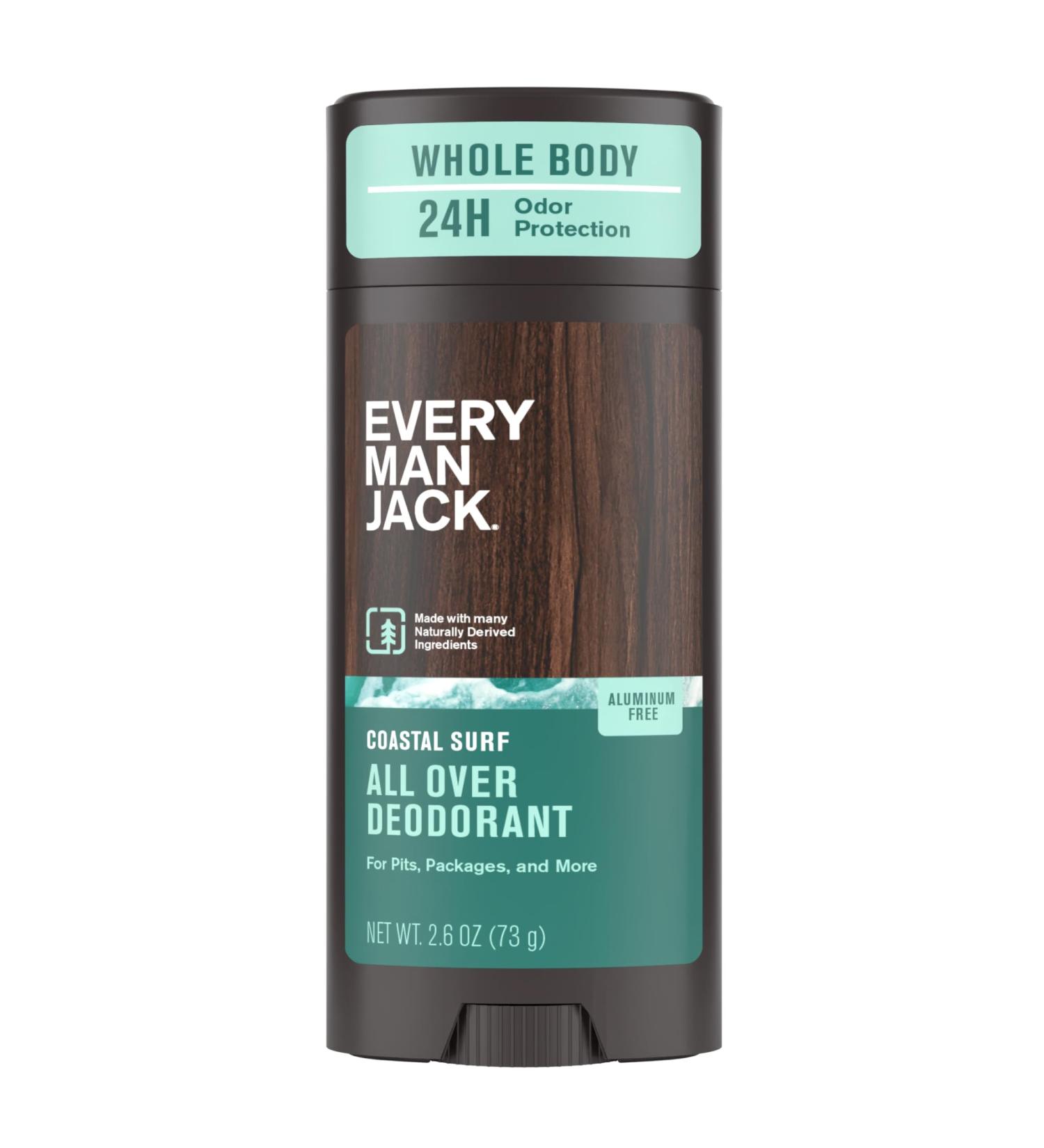 Every Man Jack All Over Deodorant - 24 Hour Whole Body Odor Protection - Aluminum Free - Coastal Surf Scent 2.6 oz (1 Pack) Coastal Surf 2.6 oz (Pack of 1) - Buy Online on GoSupps.com