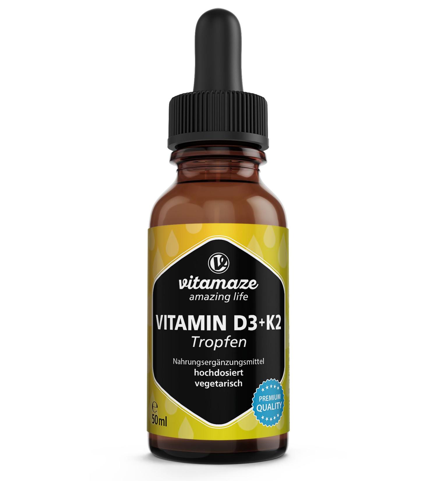 High Dose Vitamin D3 + K2 Drops 50ml | 1000 IE Liquid for Kids 1+ | Pure All-Trans K2 MK-7 | Lab Tested No Additives | Made in Germany - Buy Online on GoSupps.com