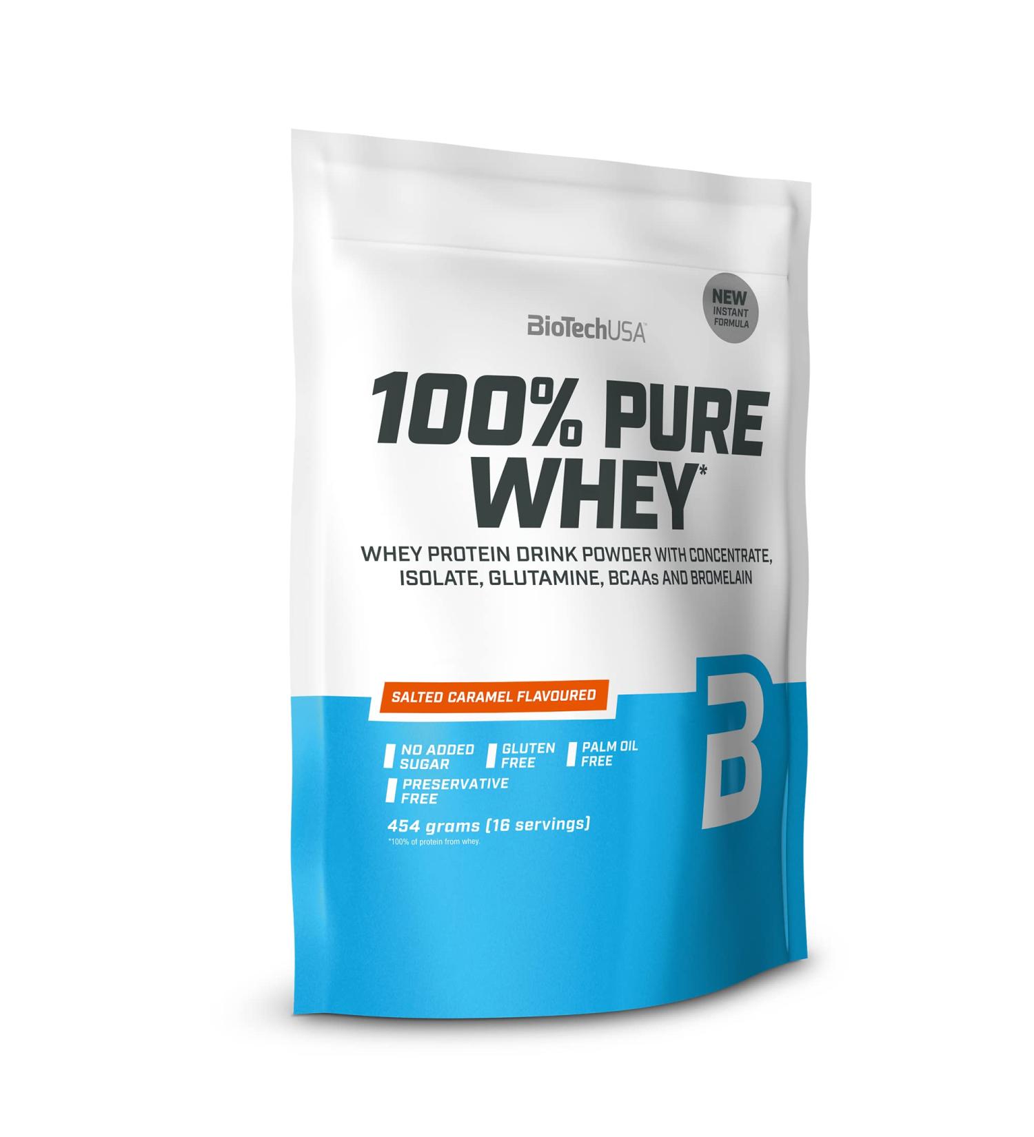 Biotechusa 100% Pure Whey Protein Powder - 21g Protein BCAA & Glutamine - Gluten-Free Palm Oil-Free - Salty Caramel Flavor - 454g - Buy Online on GoSupps.com