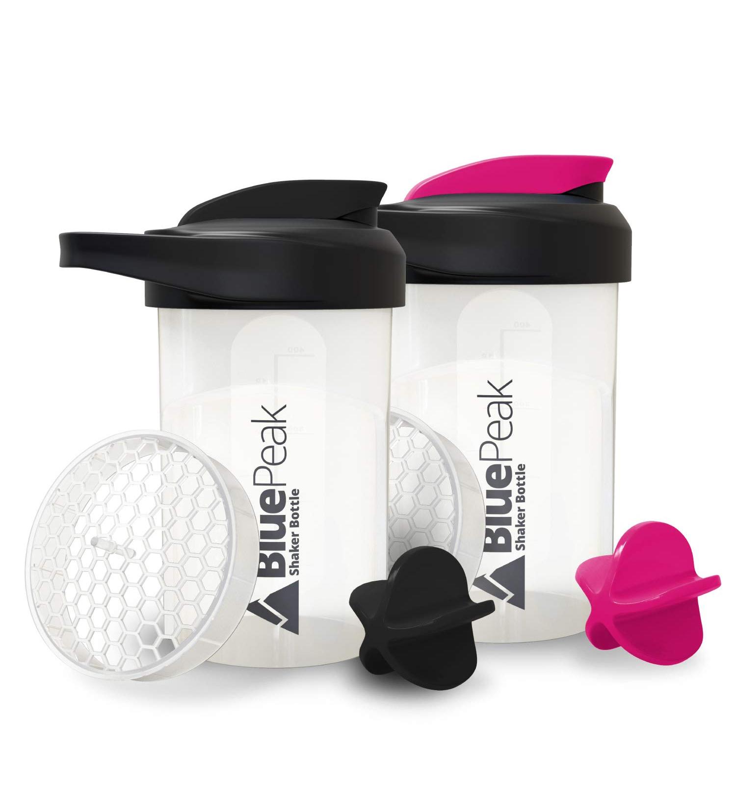 BluePeak 20 oz Protein Shaker Bottle with Dual Mixing Technology, Loop Top, BPA Free - 2 Pack (Black & Pink) - Buy Online on GoSupps.com