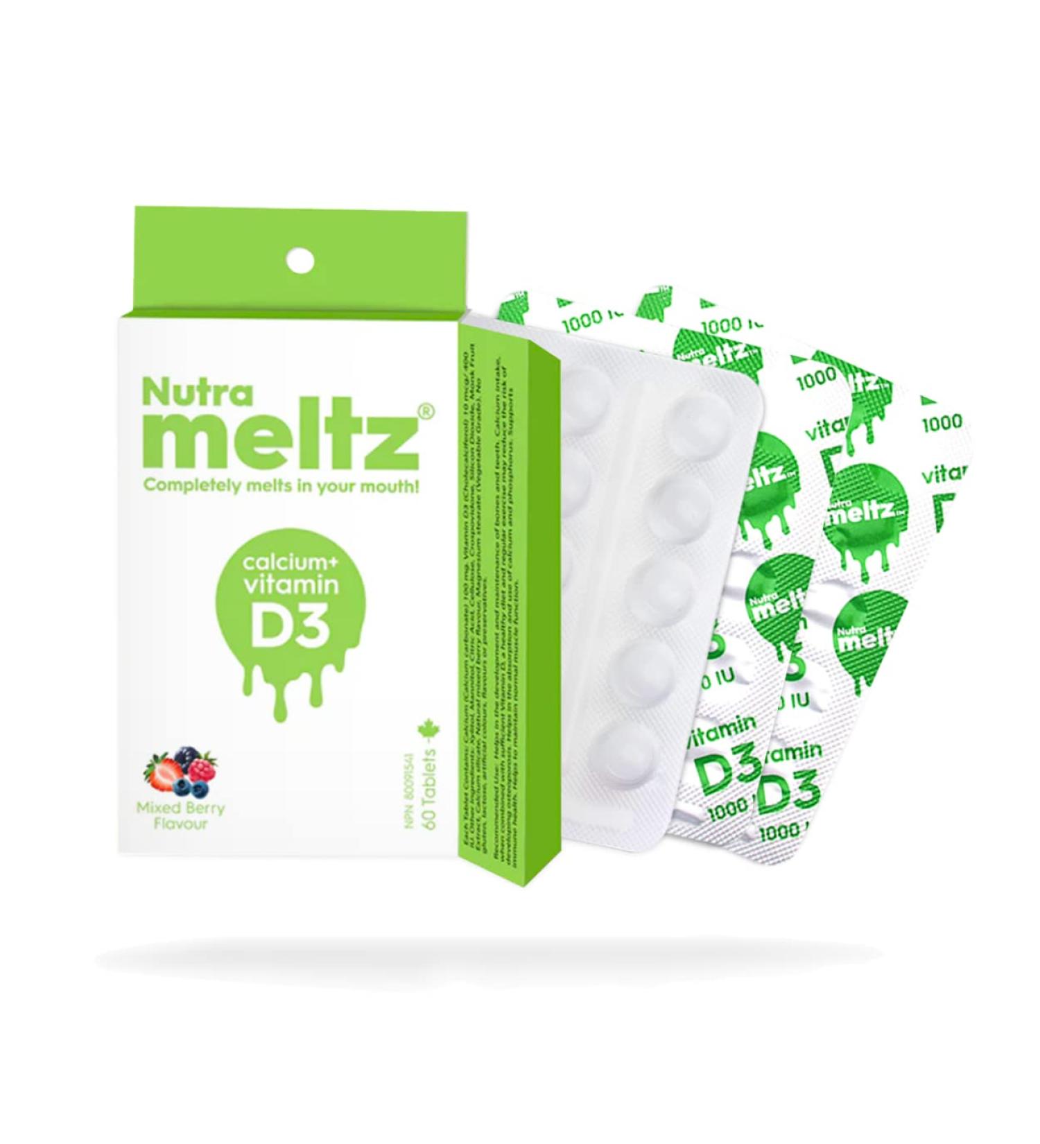 NUTRAMELTZ Calcium + Vitamin D3 | 60 Melting Tablets | Mixed Berry Flavor | Supports Bone & Teeth Health - Buy Online on GoSupps.com