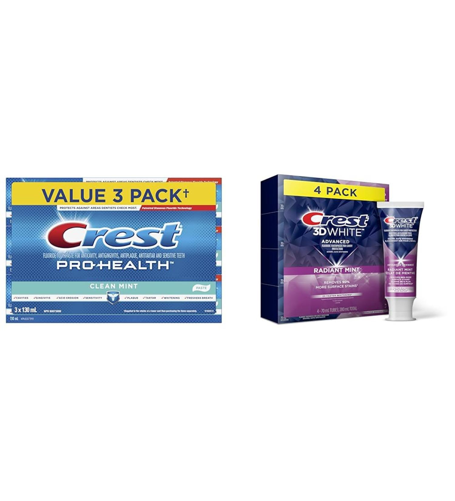 Crest Pro-Health Toothpaste Smooth Formula Clean Mint 130 mL (Pack of 3) & 3D White Toothpaste Advanced Whitening Radiant Mint 280 mL Total (Pack of 4) Pro Health Toothpaste (3-Pack) + Toothpaste - Buy Online on GoSupps.com