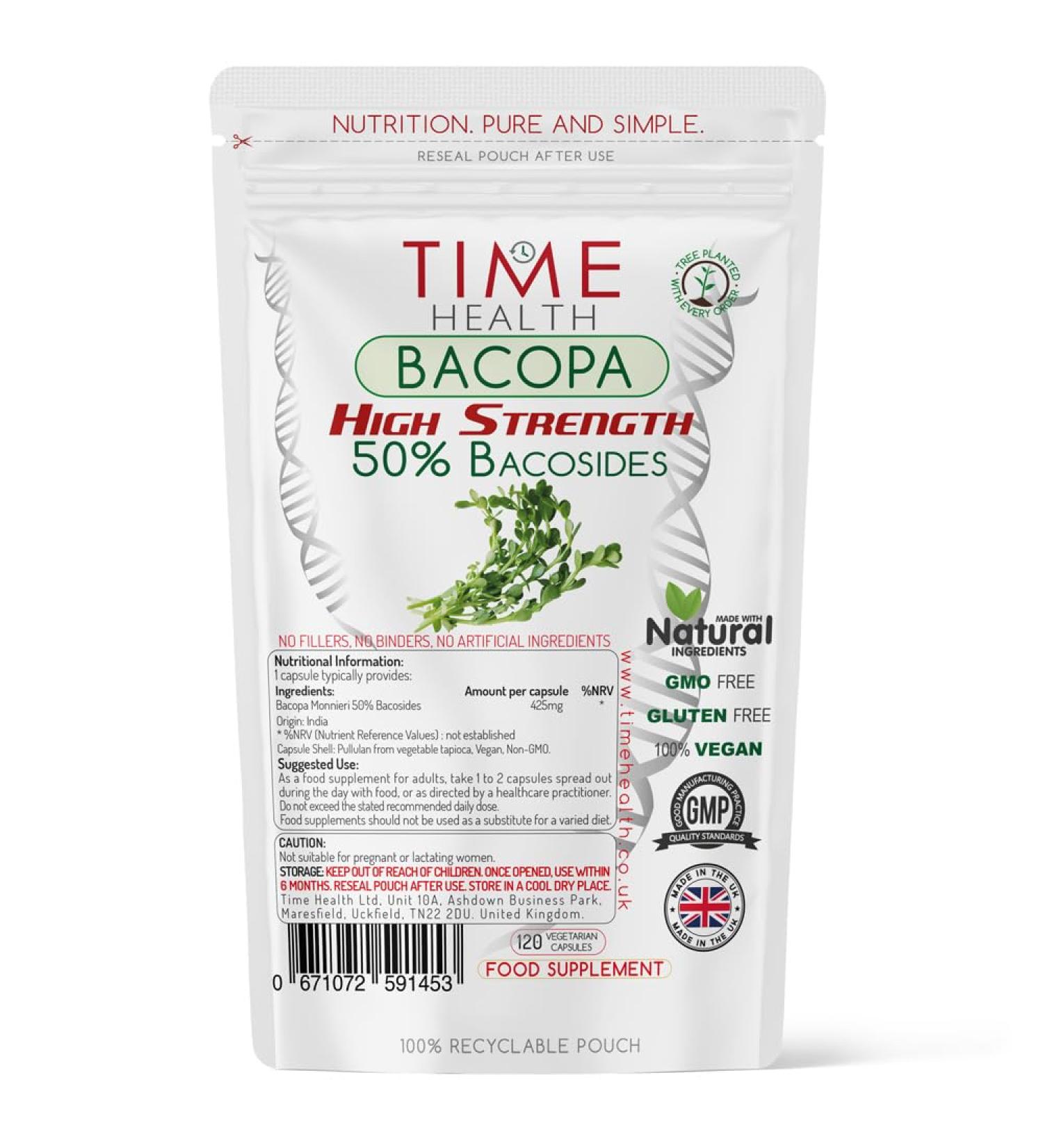 Bacopa Monnieri High Strength 50% bacosides - Zero Additives - Pullulan (120 Capsule Pouch)