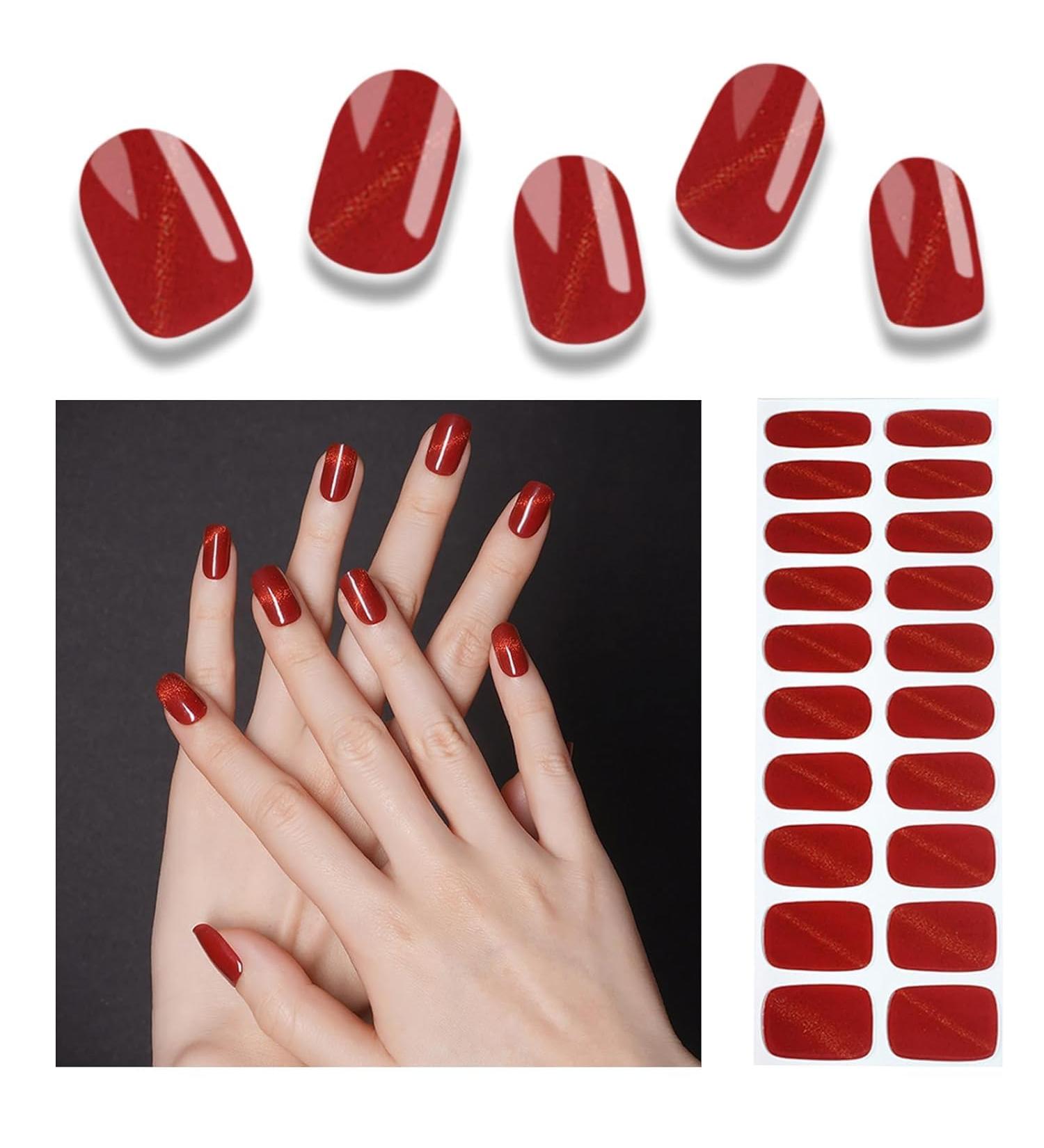 Foyute Semi Cured Gel Nail Strips 20 Pcs Soft Self-Adhesive Gel Nail Polish Wraps Sticker for Salon-Quality Manicure Set Long Lasting Easy to Apply & Remove Nail File & Wooden Stick Cat Eye Red - Buy Online on GoSupps.com