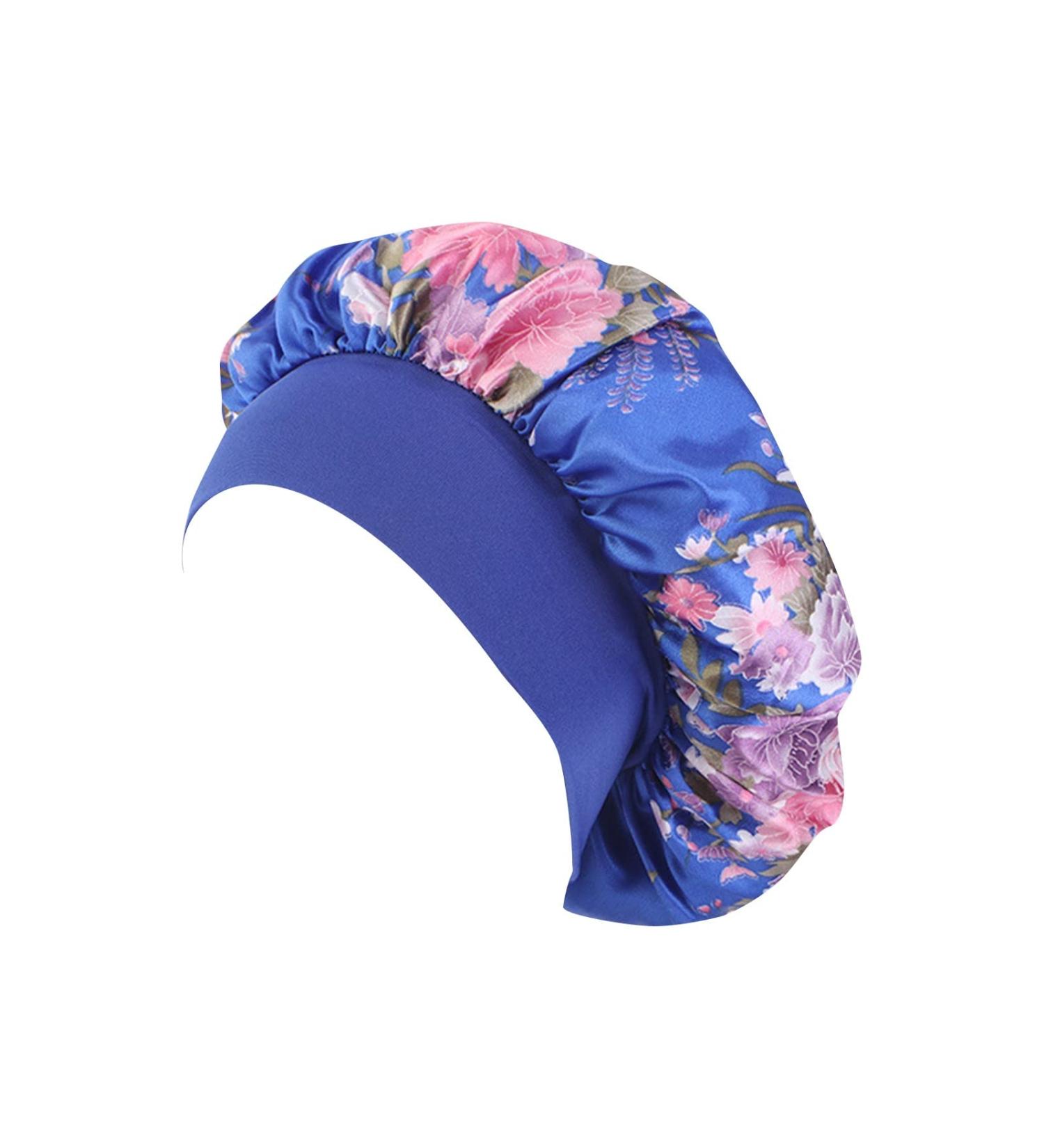Royal Blue Satin Night Sleep Cap Women's Silk Hair Bonnet Hat | Wide Elastic Shower Caps for Home Bathroom | One Size - Buy Online on GoSupps.com