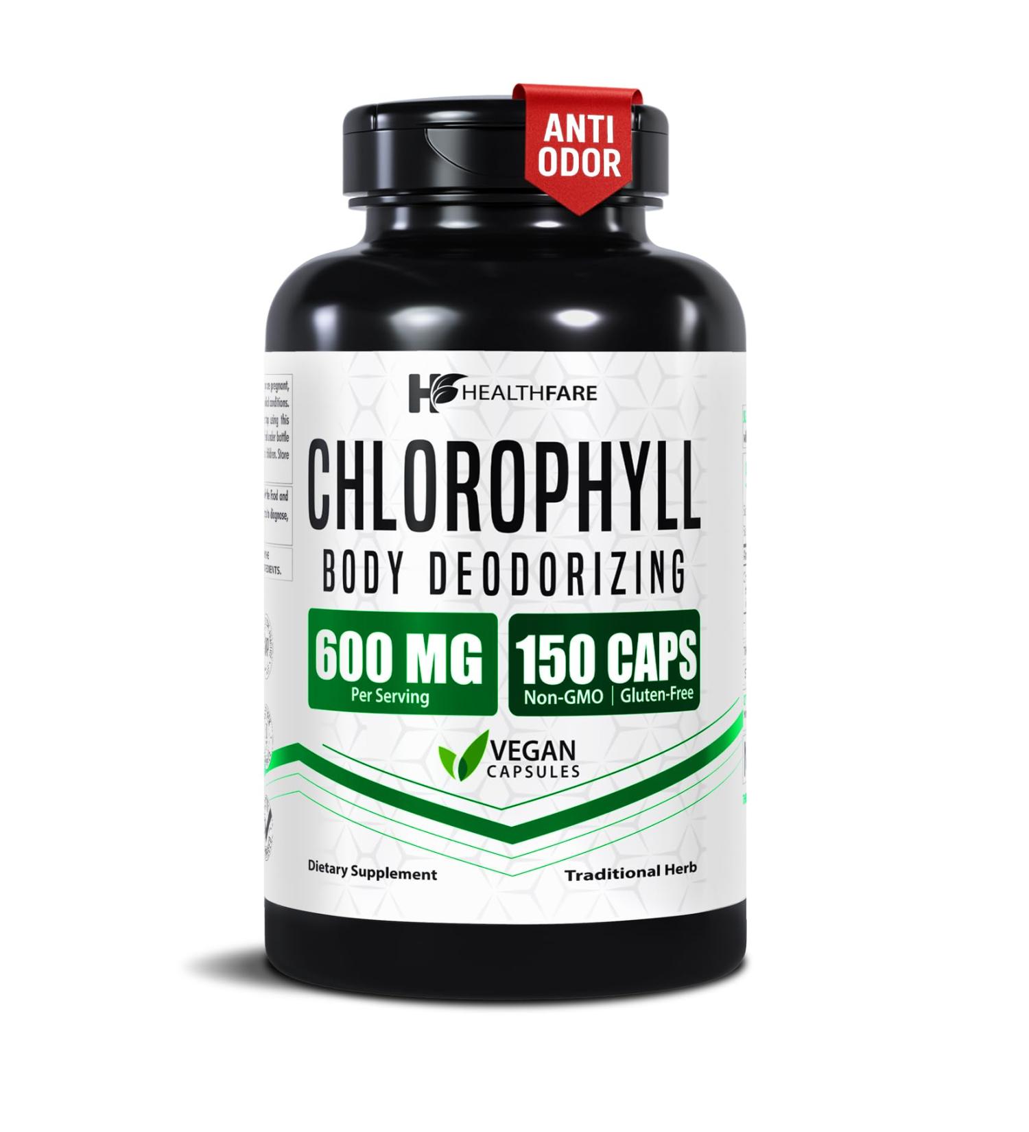 Healthfare Chlorophyll Capsules 600mg | Internal Deodorant & Body Odor Support | 150 Veg Pills for Women & Men | Premium Plant-Based Supplement | Vegan Non-GMO Gluten-Free | Made in USA - Buy Online on GoSupps.com