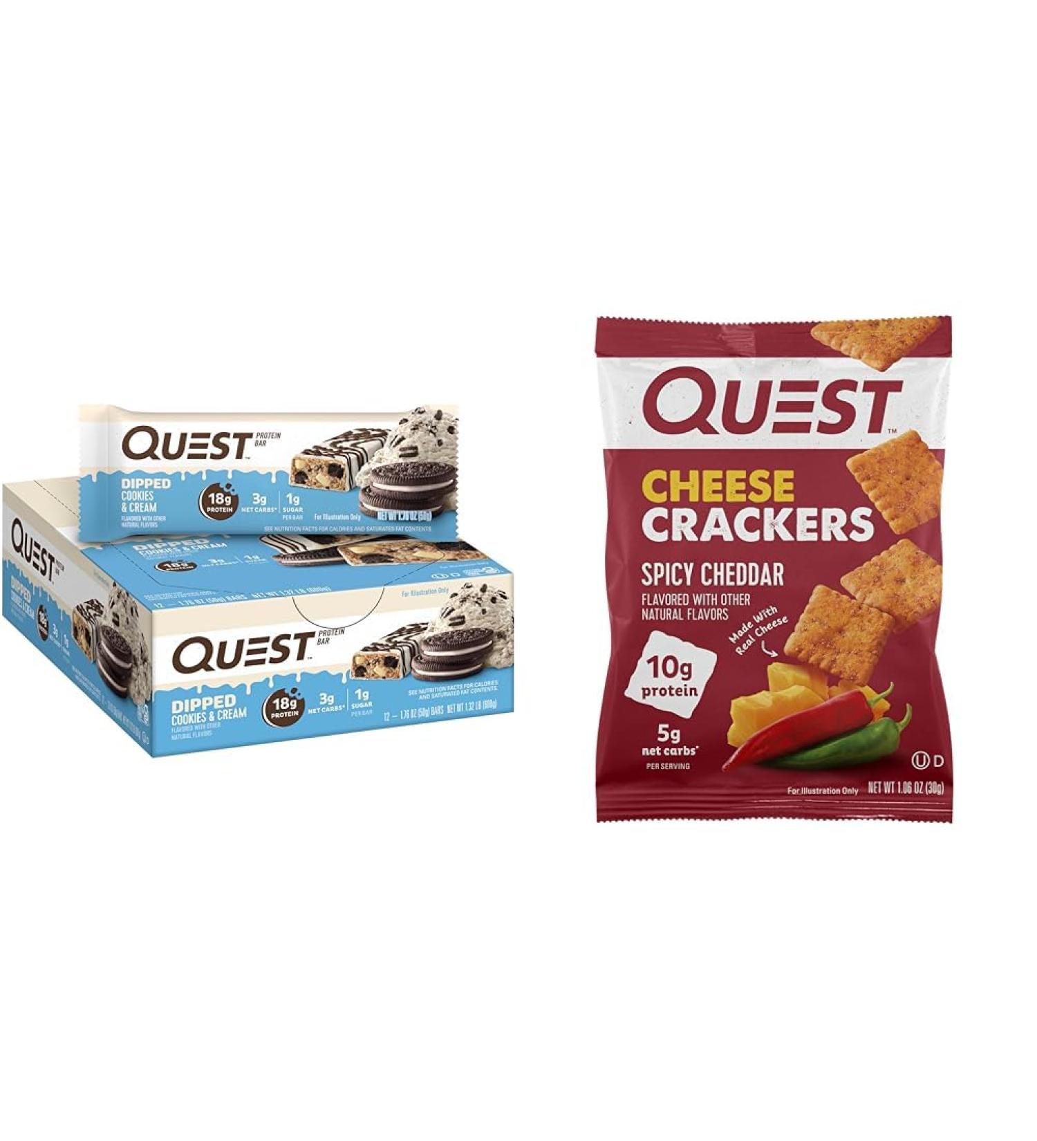 Quest Dipped Cookies & Cream Protein Bars and Spicy Cheddar Cheese Crackers Bundle 12 Count Each - Buy Online on GoSupps.com