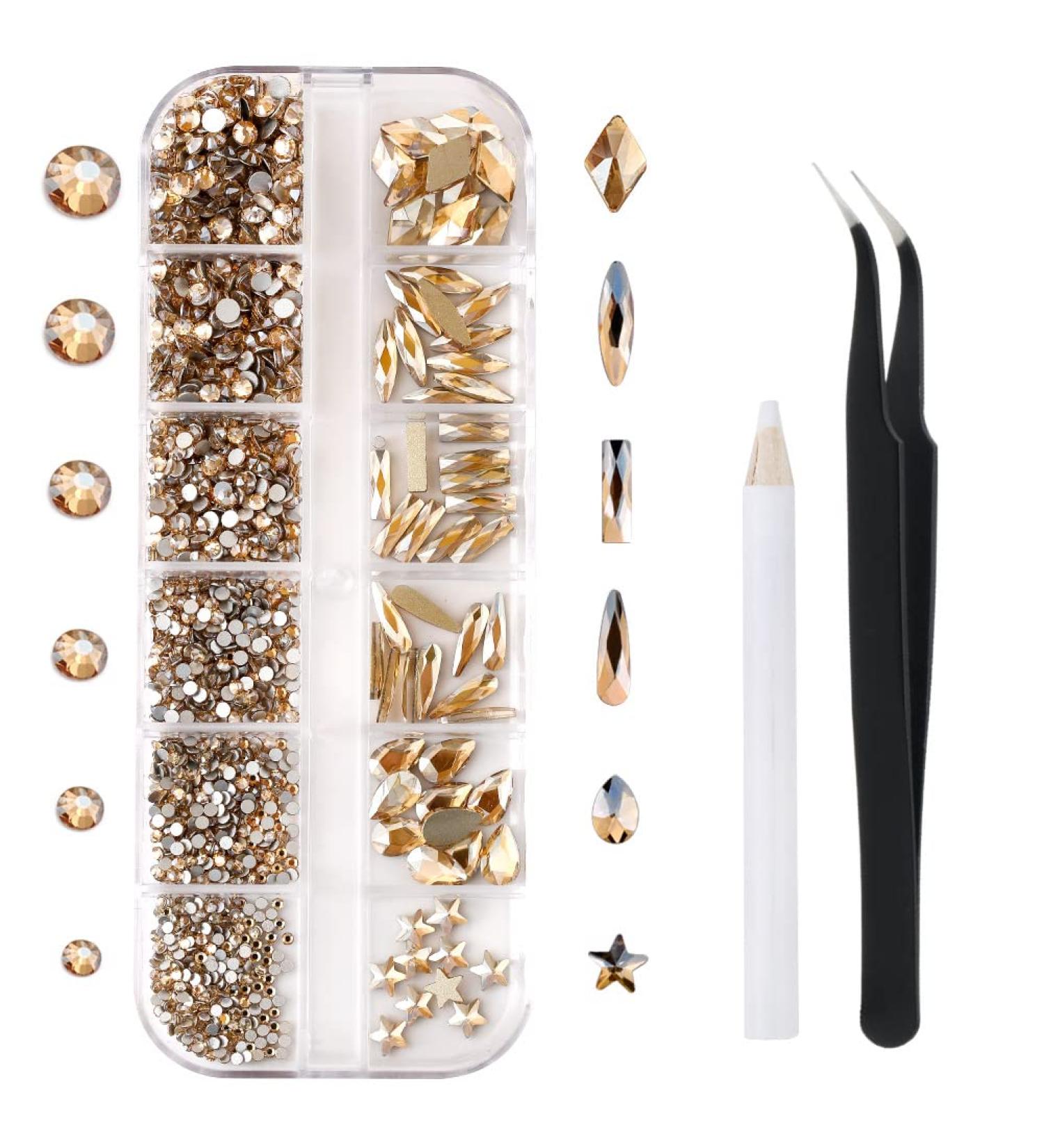 1788 Pieces Flatback Rhinestones for Crafts Nail Gems Gemstones Crystals Jewels Craft Glass Diamonds Stones Bling Bedazzler Kit with Tweezers and Picking Pen 12 Colors (Champagne) - Buy Online on GoSupps.com