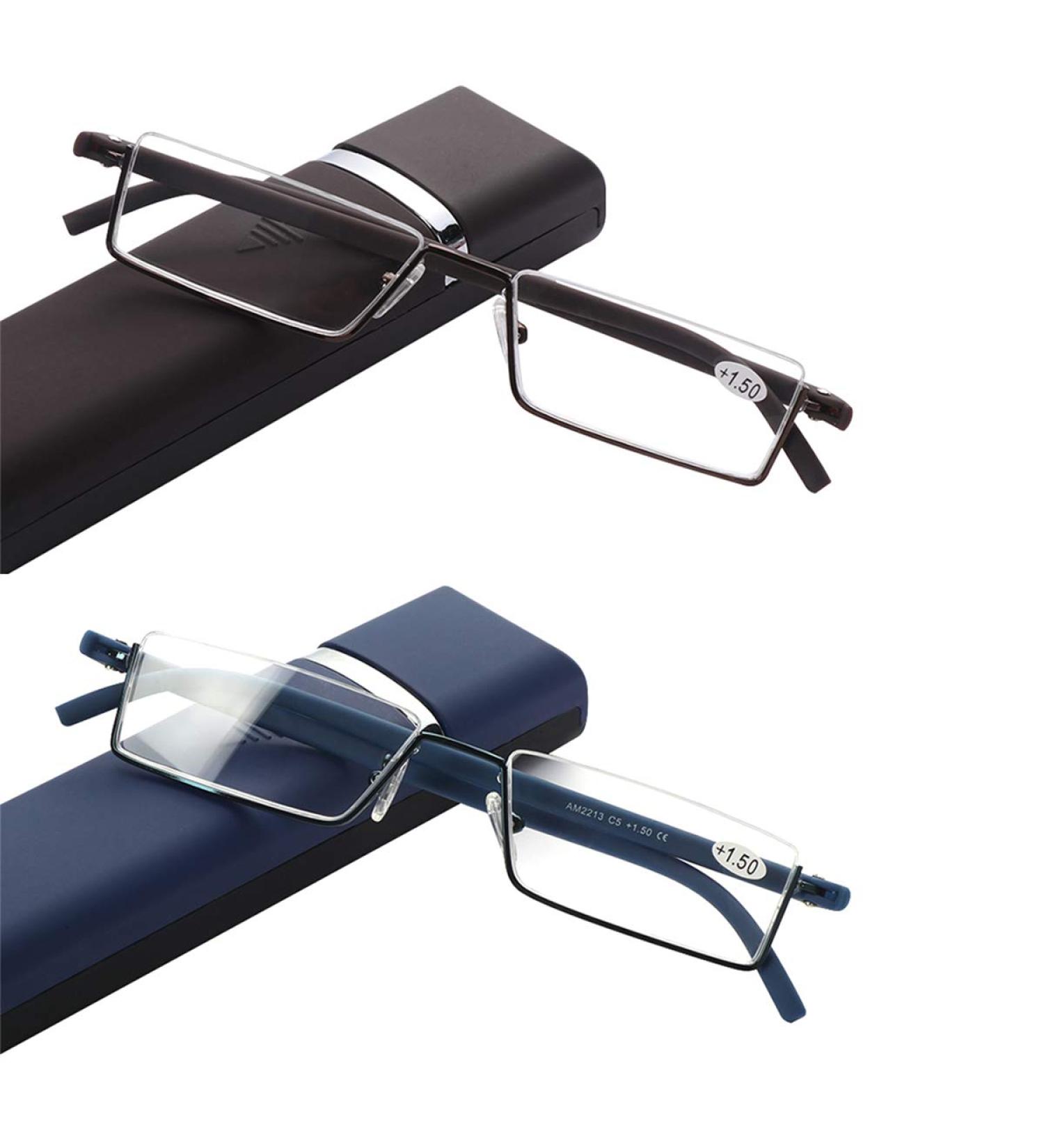 2-Pack Half Frame Reading Glasses (1.75) with Portable Case - Thin Lightweight Readers with Spring Hinges for Men and Women - Black Blue - Buy Online on GoSupps.com