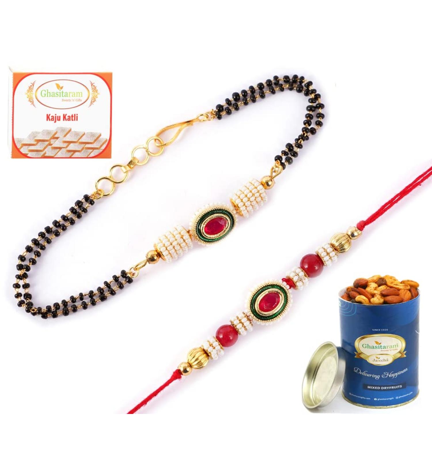 Ghasitaram Gifts Rakhis Online - Rakhi for Brother-RT-Mangal Bhaiya Bhabhi Rakhi with 100 GMS of Dryfruits Mix Can 200 GMS of Kaju katli Rakhi Set & 100g Dryfruits Mix Can 200g Kaju katli - Buy Online on GoSupps.com
