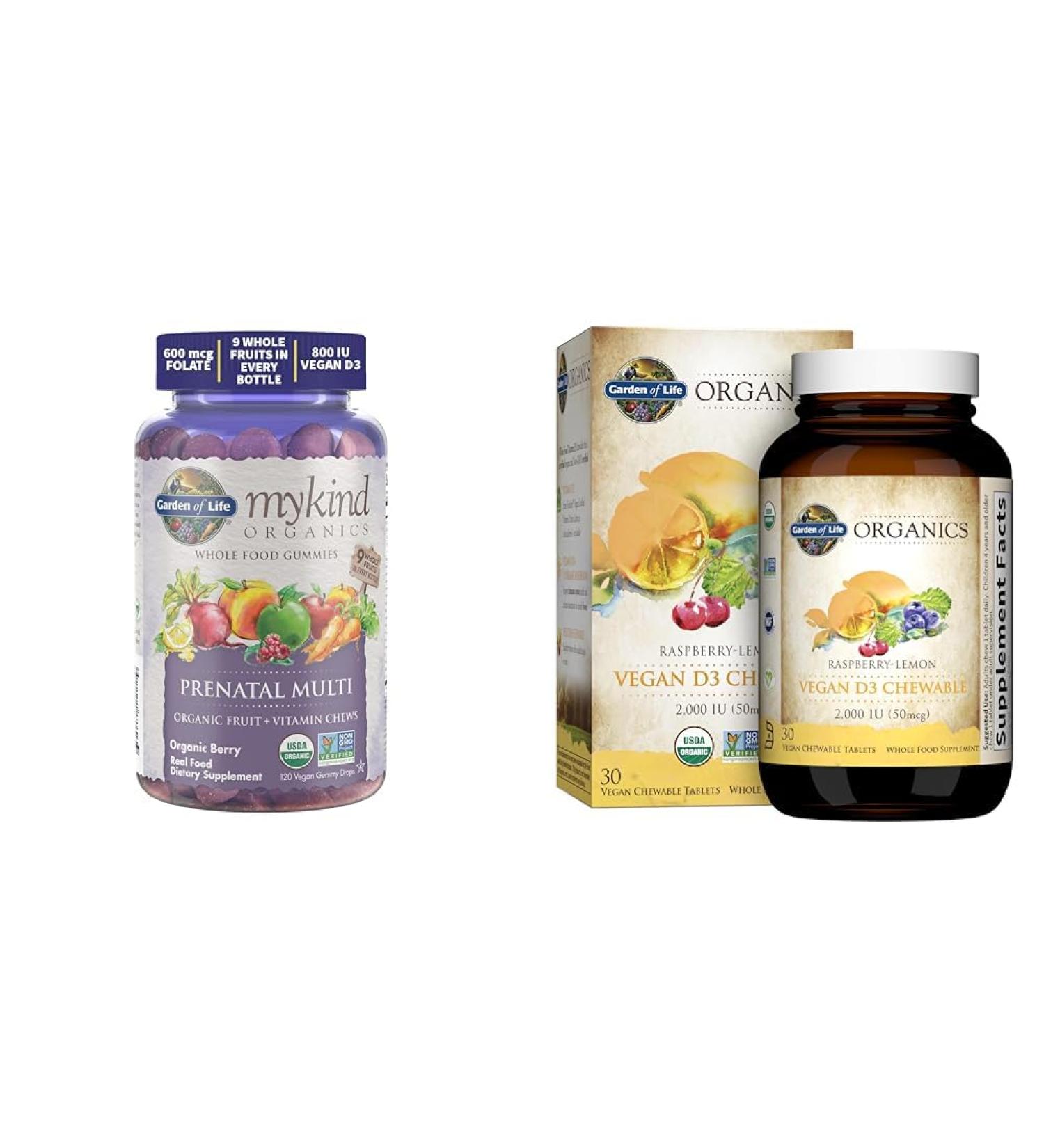 Garden of Life Organic Prenatal Gummies with D3 B Vitamins & Folate Plus Vegan D3 Chewables with Mushrooms 30 Count Each - Buy Online on GoSupps.com