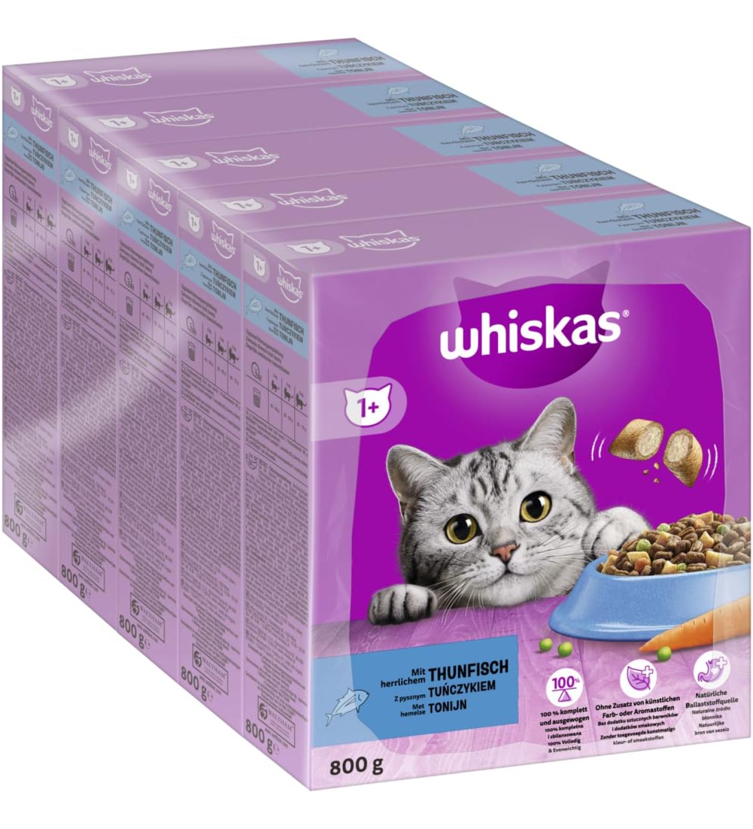 Whiskas Adult 1+ Dry Cat Food Tuna - 5x800g Packs | Premium Dry Food for Adult Cats - Available in Various Packaging - Buy Online on GoSupps.com