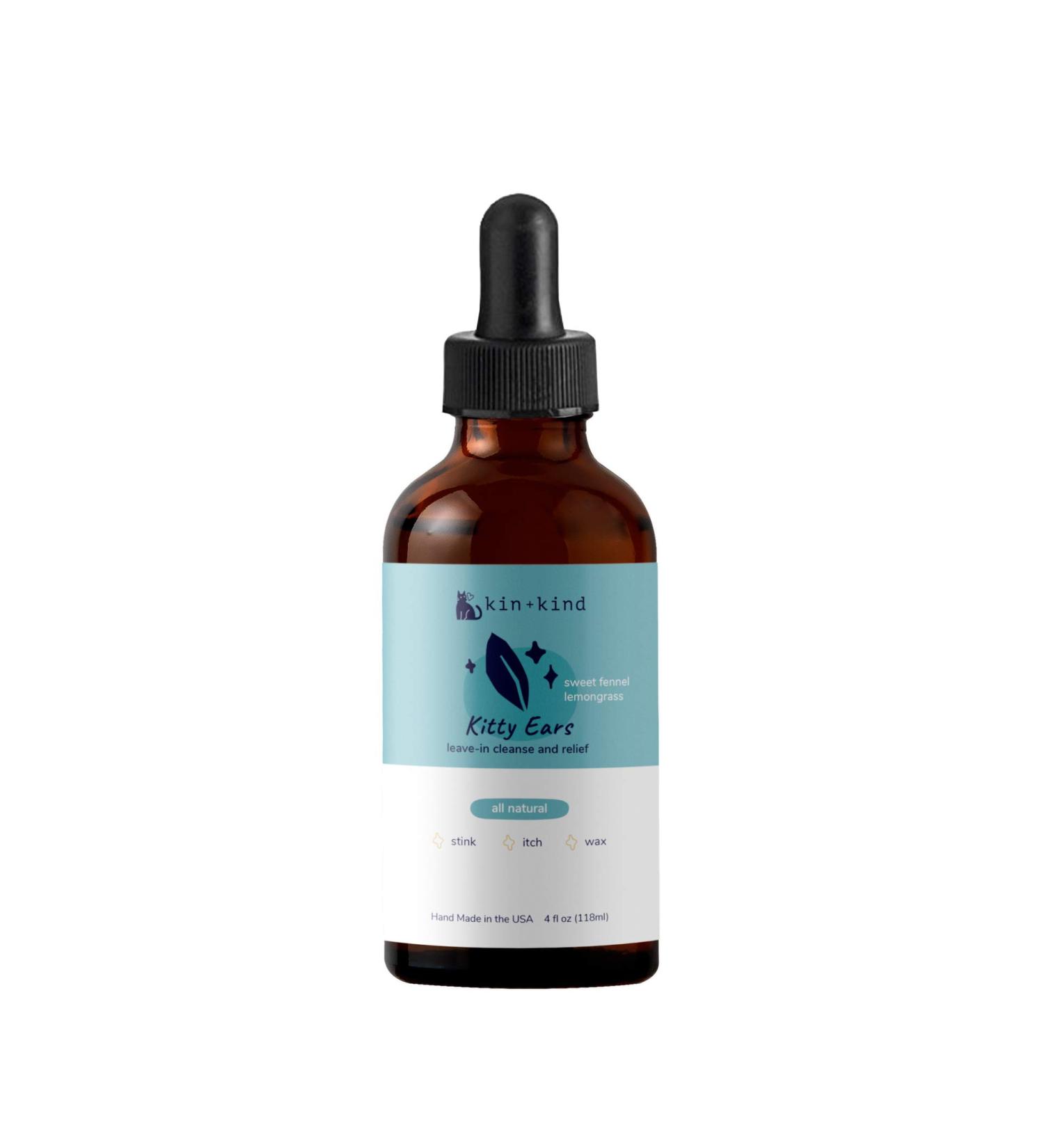 Kin+Kind Natural Cat Ear Cleaner (4 fl oz) - Organic Lemongrass & Sweet Fennel Formula - Safe & Gentle Ear Care for Cats - Made in USA - Buy Online on GoSupps.com