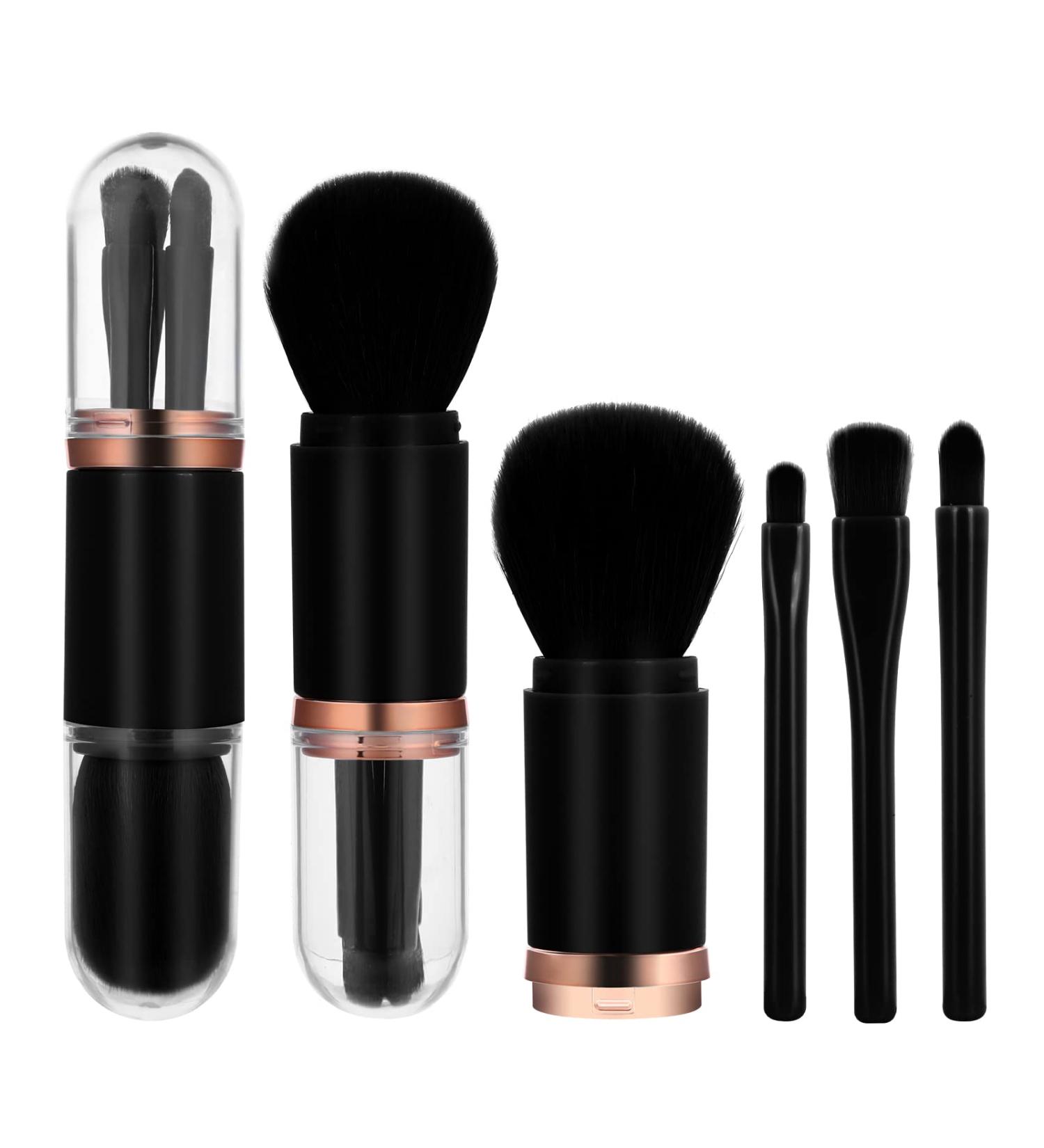 Molain Small Make-up Brush Set - 4-in-1 Portable Travel Brush Kit | Lip Highlight Eyeshadow & Foundation Brushes - Retractable Mini Face Cosmetic Brushes in Black - Buy Online on GoSupps.com