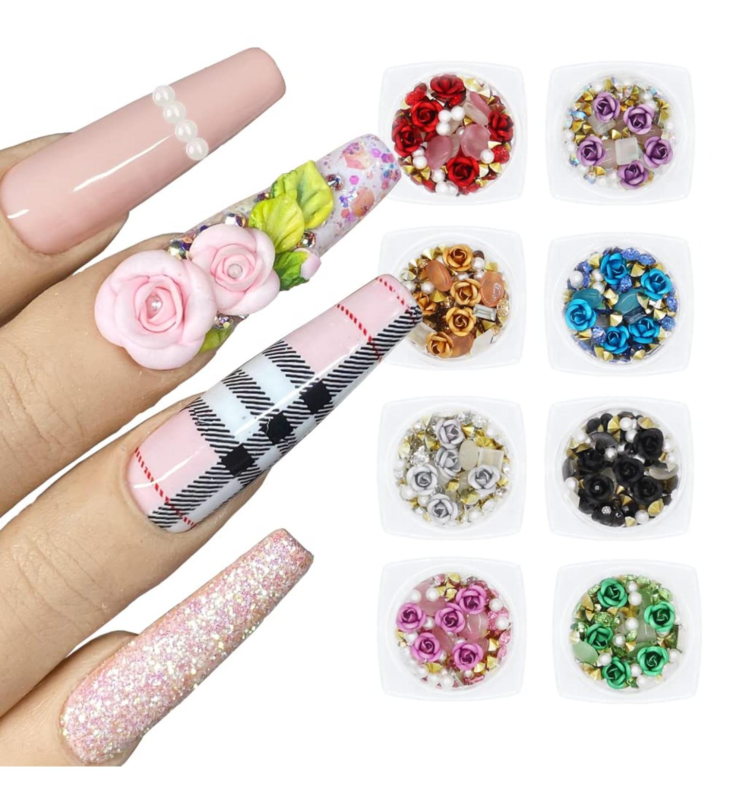 8 Boxes Nail Art 3D Rose Rhinestones Set | Mixed Gems, Metal Flowers, Pearls | Nail Design Supplies for Acrylic & False Nails | Manicure Decoration Kit - Buy Online on GoSupps.com