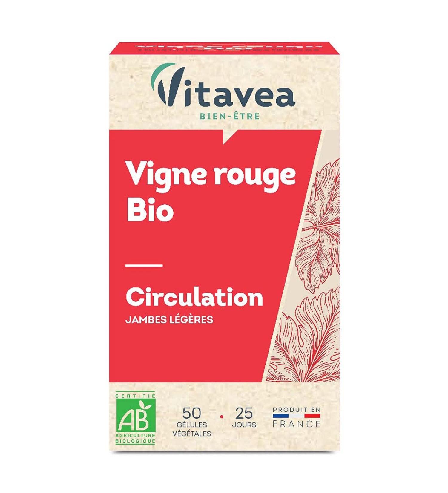 Vitavea - Circulation Food Supplement - "Light Legs" Sensation - Organic Red Vine - Light Legs and Venous Circulation - 50 Capsules - 25 Day Cure - Made in France - Buy Online on GoSupps.com