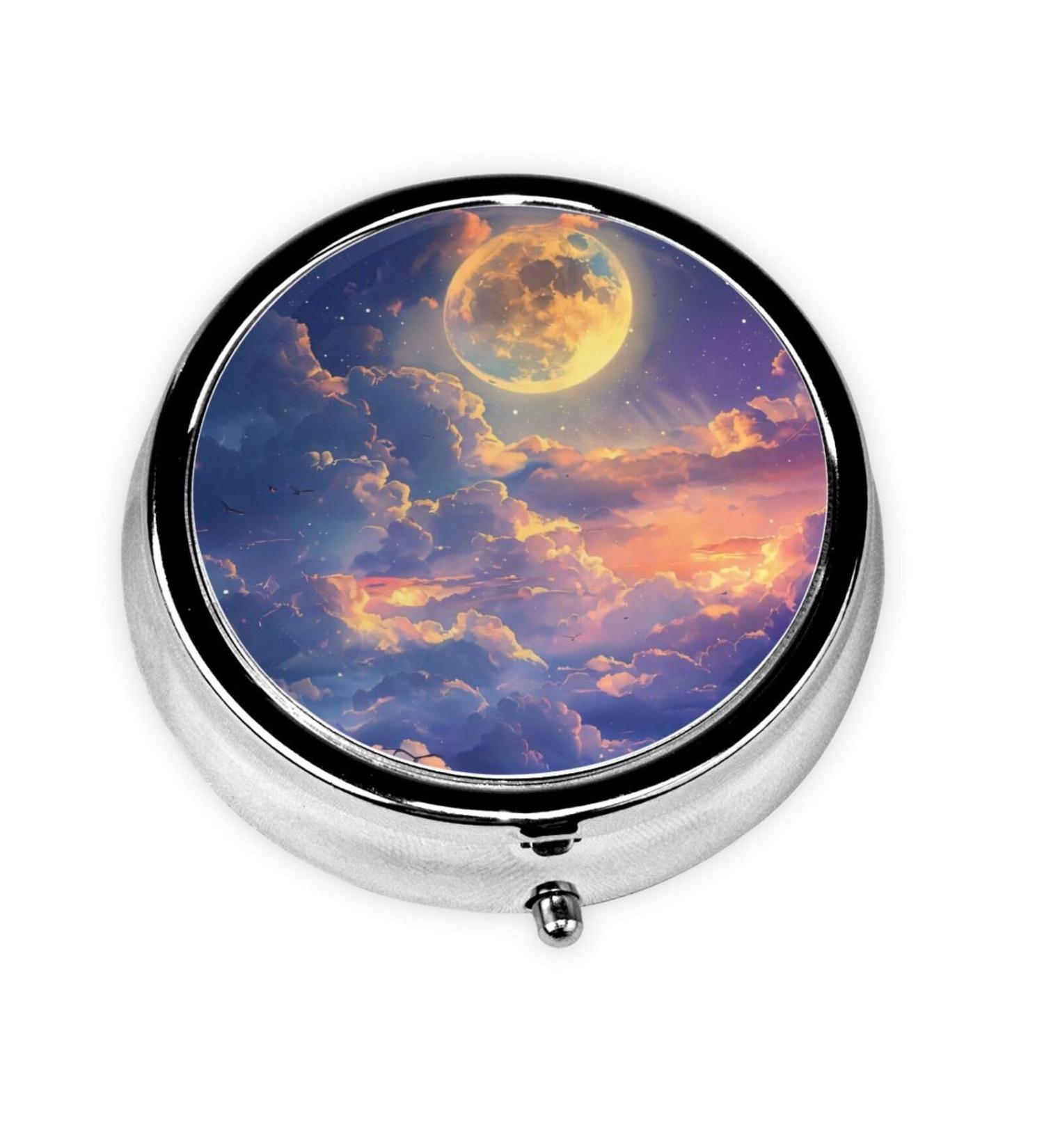 Lovely Giant Moon Portable Metal Pill Box | Round Mini 3-Compartment | Travel Essential | Hinged Design for Small Pills - Black - Buy Online on GoSupps.com
