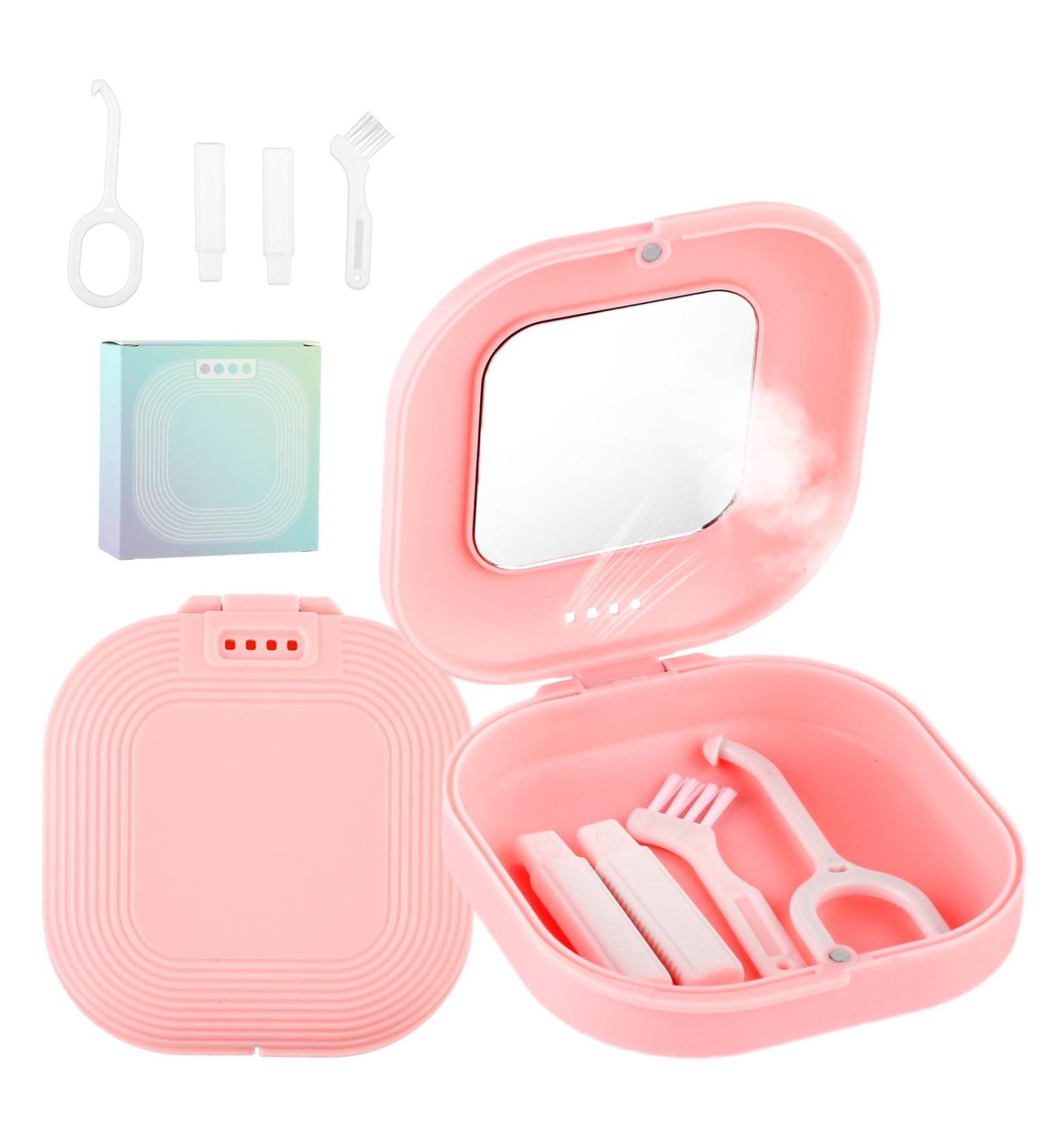 Retainer Case with Mirror Cute Denture Cleaning Box Night Mouth Guard Case Retainer Cleaner Case with Retainer Remover Tool Pink - Buy Online on GoSupps.com