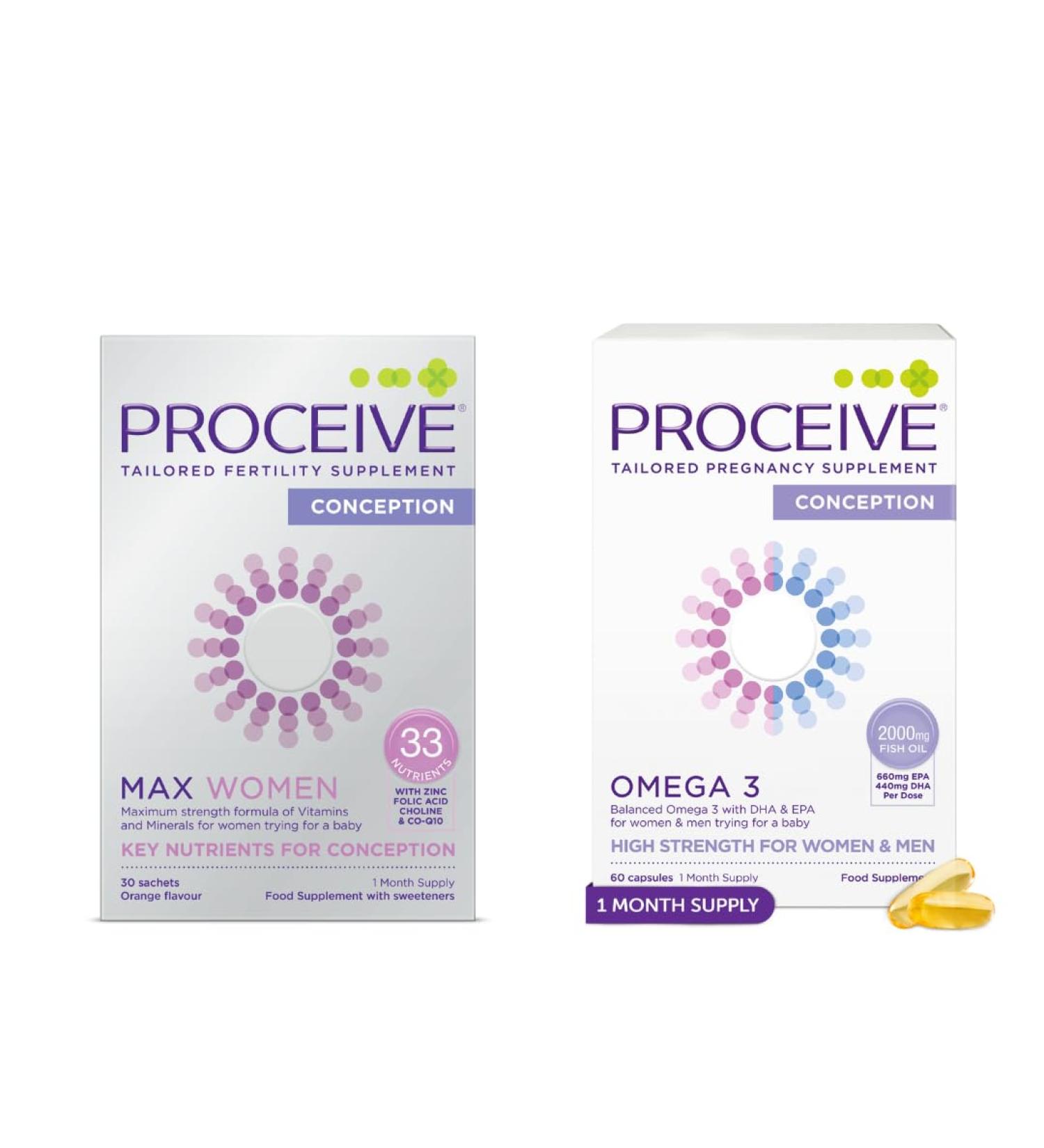 Proceive Max Tailored Fertility Supplements for Women Bundle - Womens Pre-Conception Vitamins & Minerals for Pre Pregnancy Support and Prenatal Omega 3 Fish Oil Supplement - Buy Online on GoSupps.com